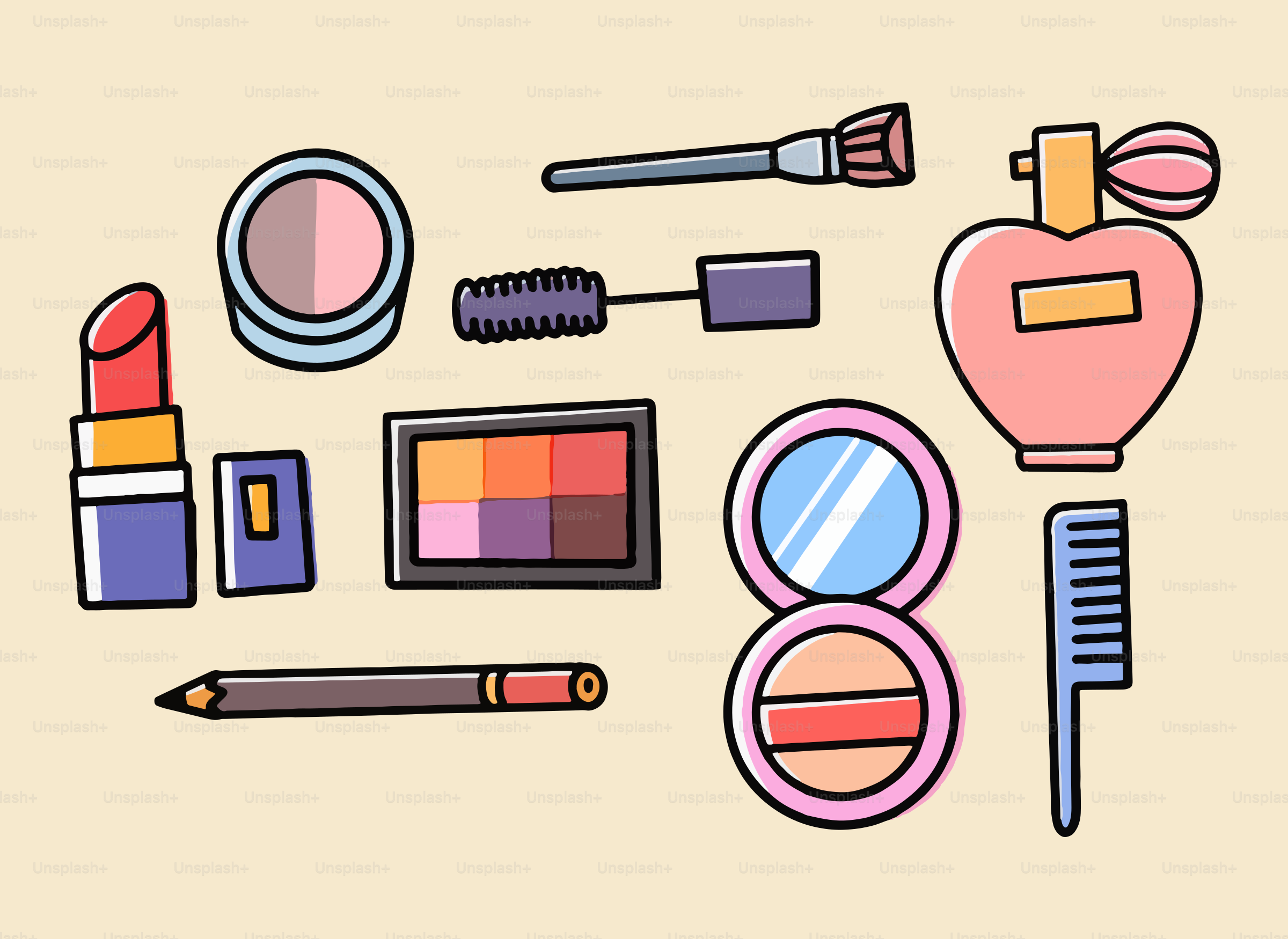 Verschiedene Make-up-Items sind auf einem hellen Hintergrund angeordnet