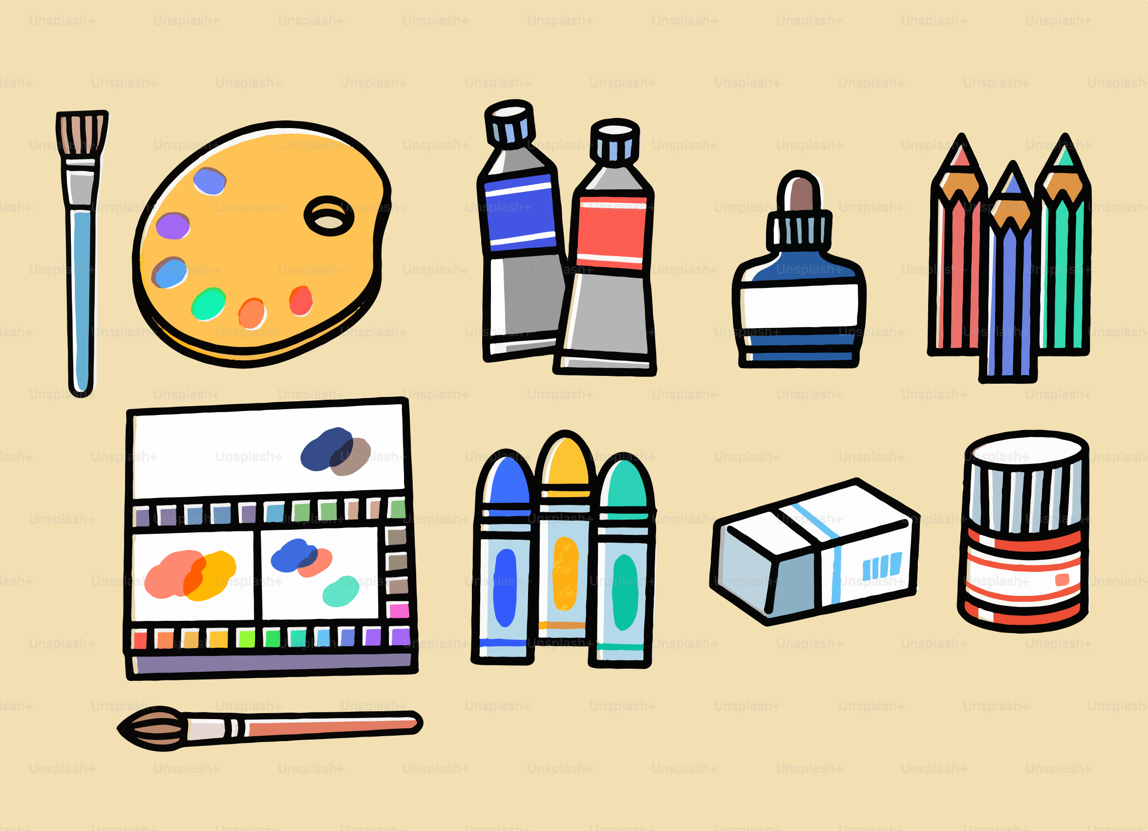Kunstmaterialien wie Pinsel, Farbe, Bleistifte und Tinte.
