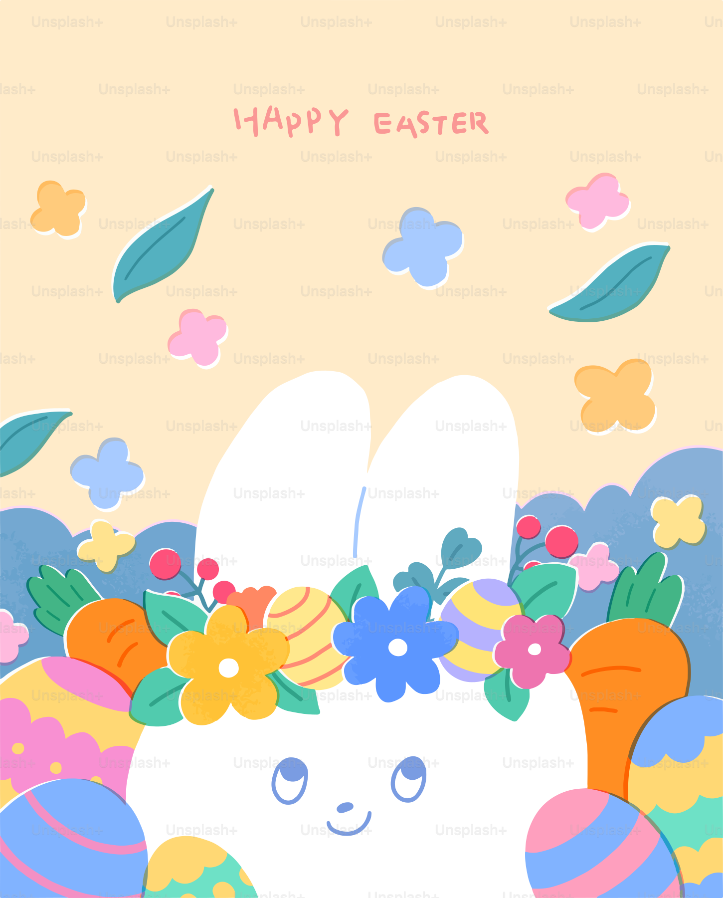 A cute bunny wearing a flower crown with easter eggs. vector – Flowers ...