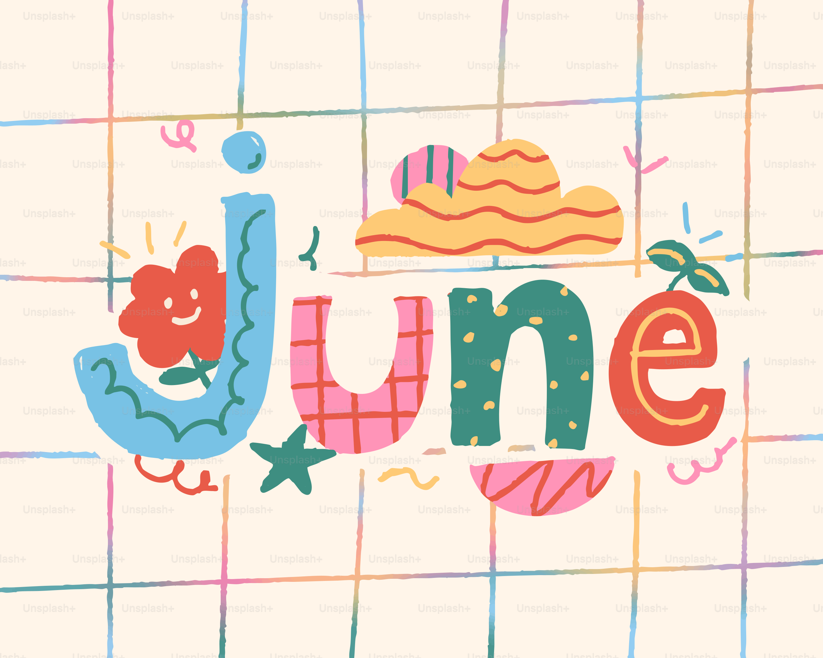 Texto colorido que deletrea "june"june" con decoraciones divertidas.