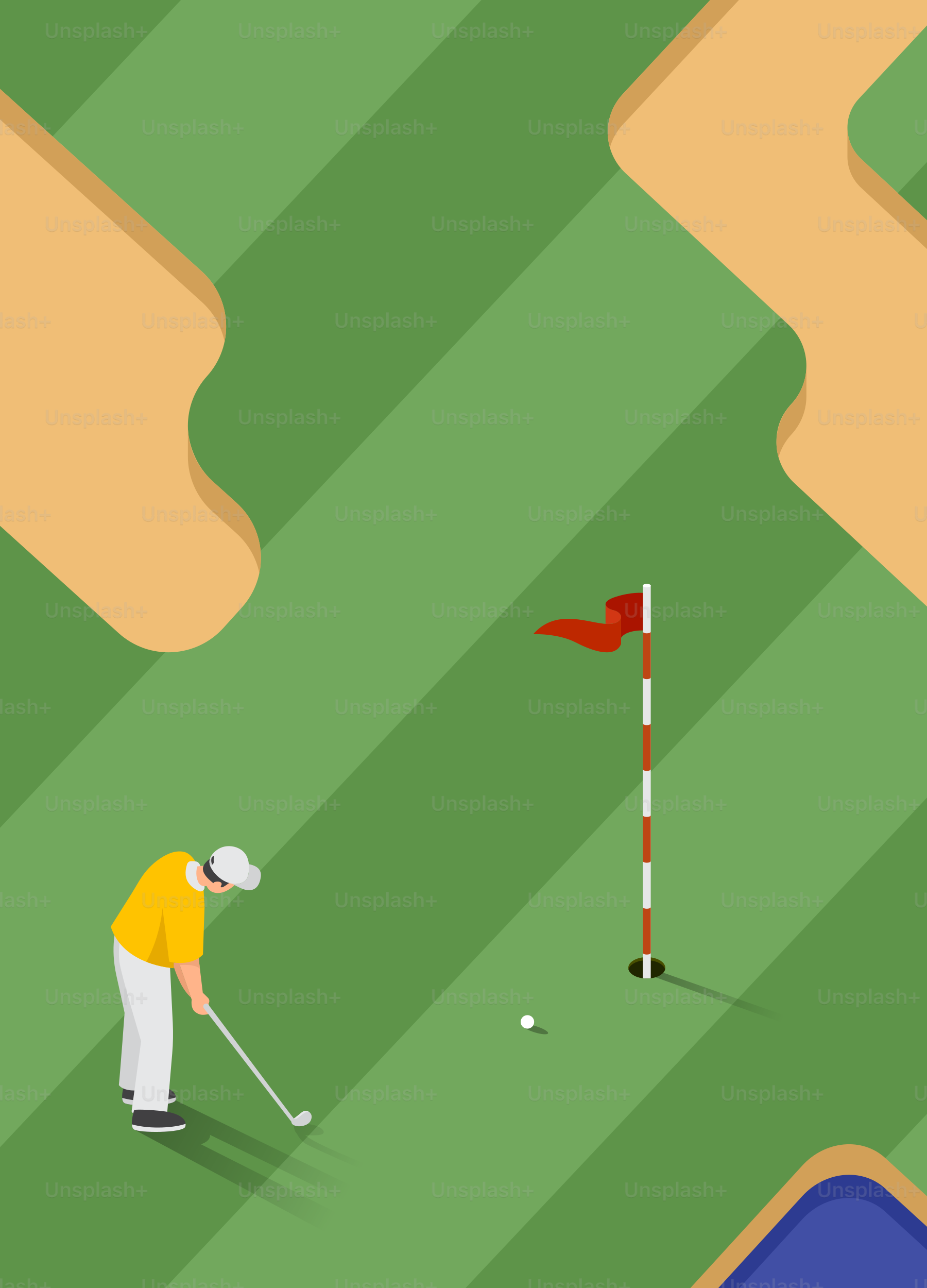 Golfer, der auf einem Grün in der Nähe des Loch und der Flagge spielt.