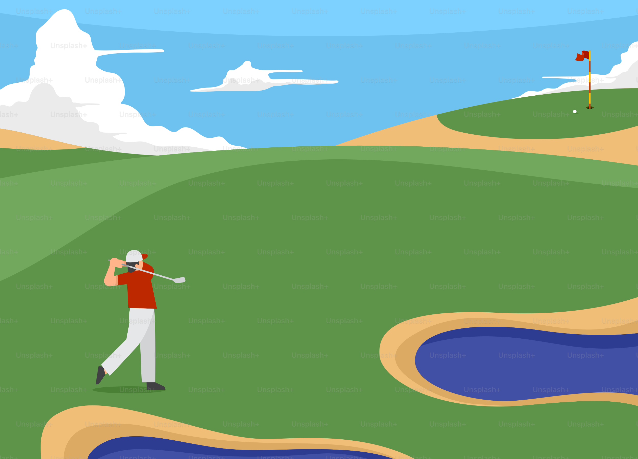 Golfer swings club on a green course with sand traps.