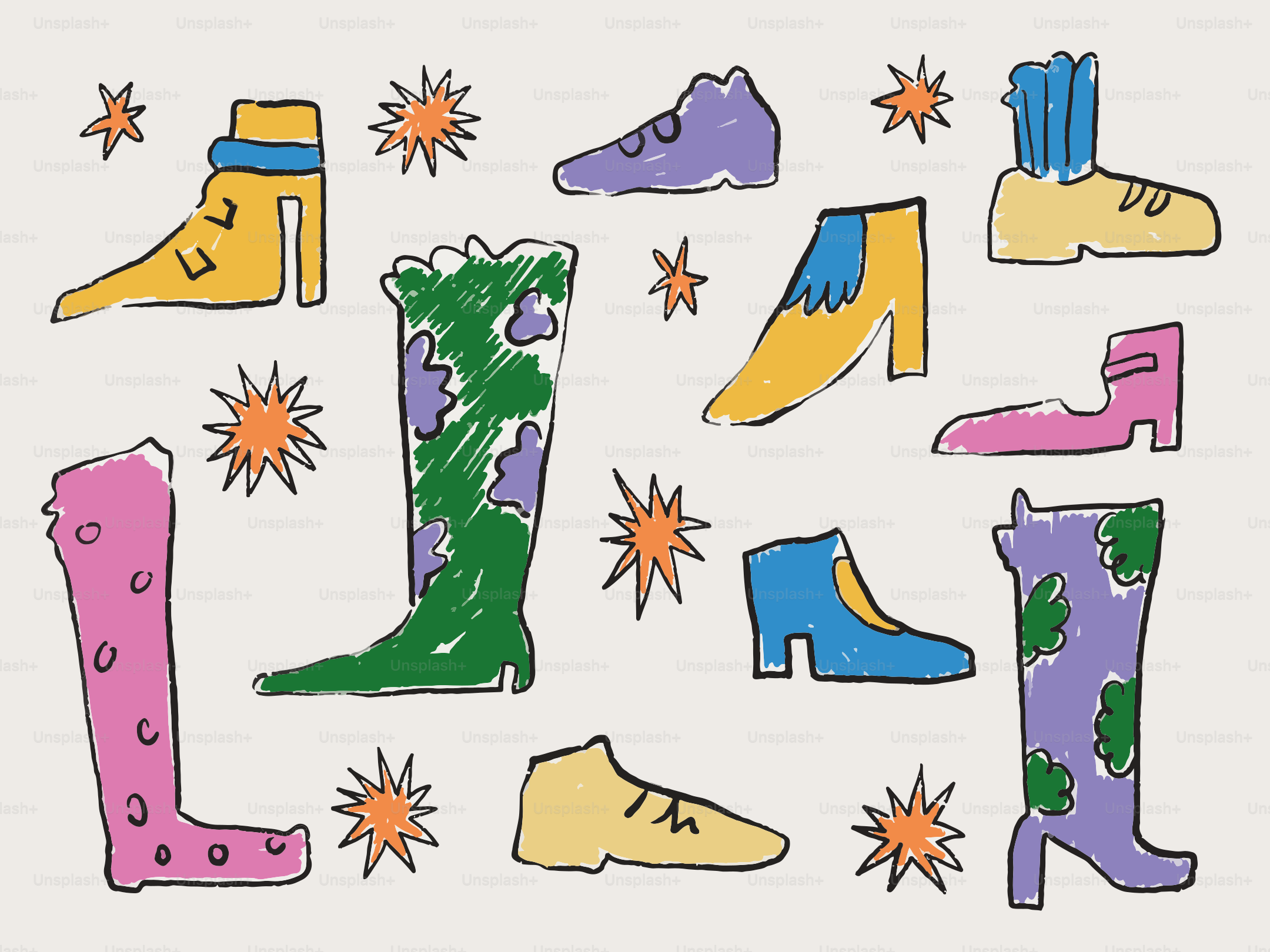 A collection of colorful, whimsical boots and abstract shoes.