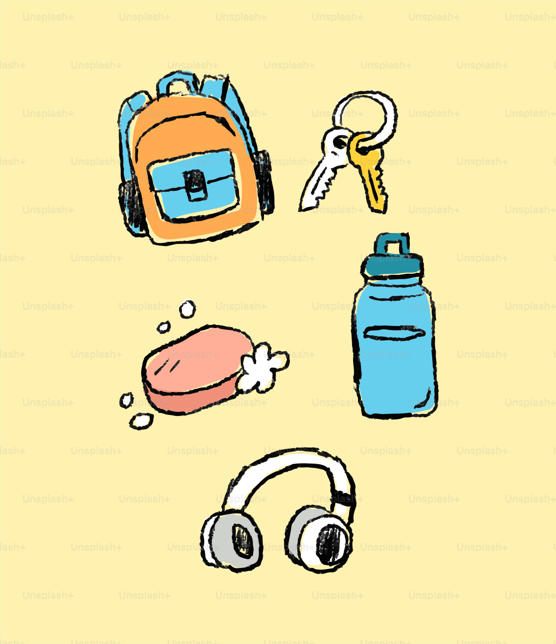 Backpack, keys, soap, water bottle, and headphones on yellow background