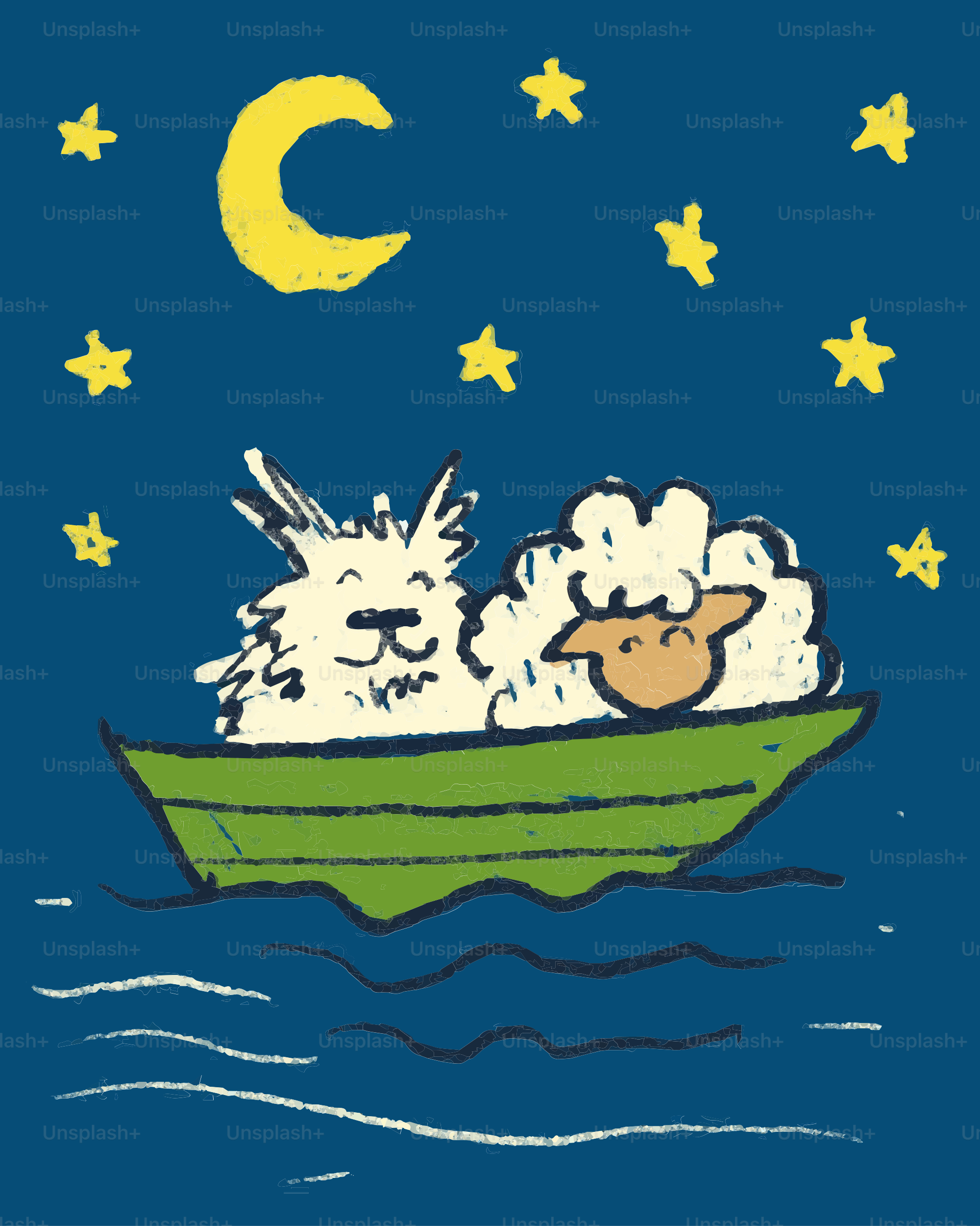 A fluffy sheep and dog in a boat at night