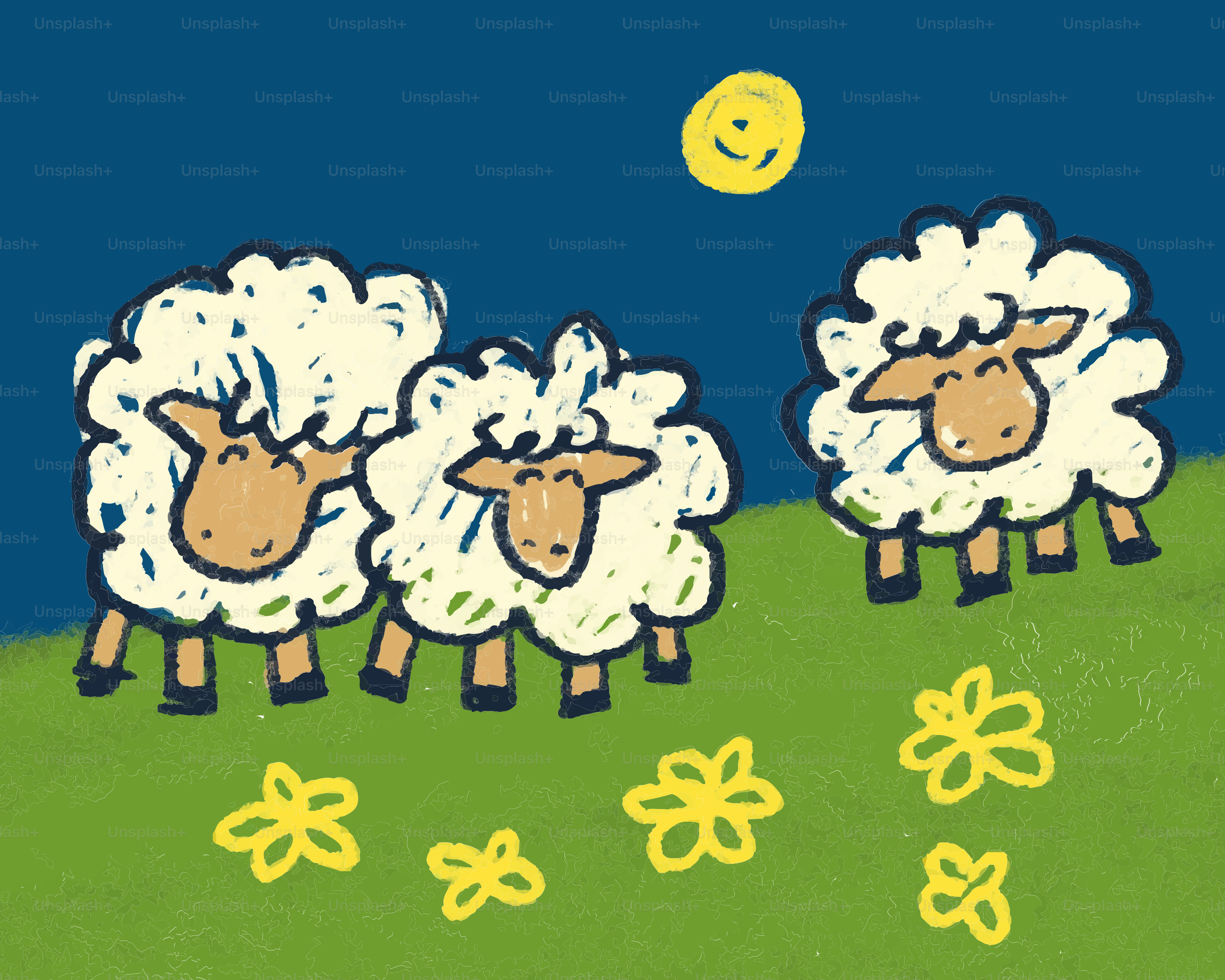 Three fluffy sheep in a field with flowers