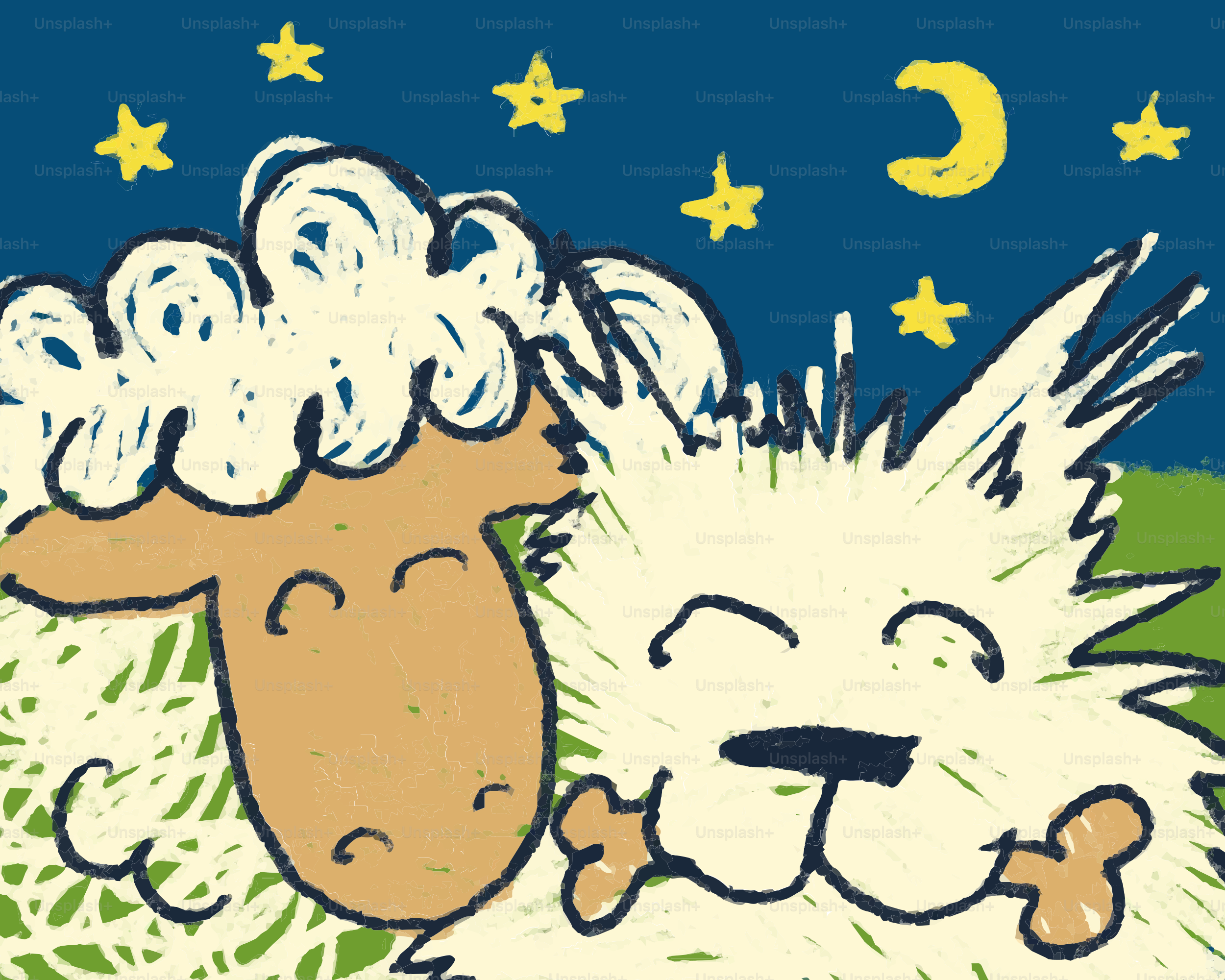 A fluffy sheep and dog under a starry night sky