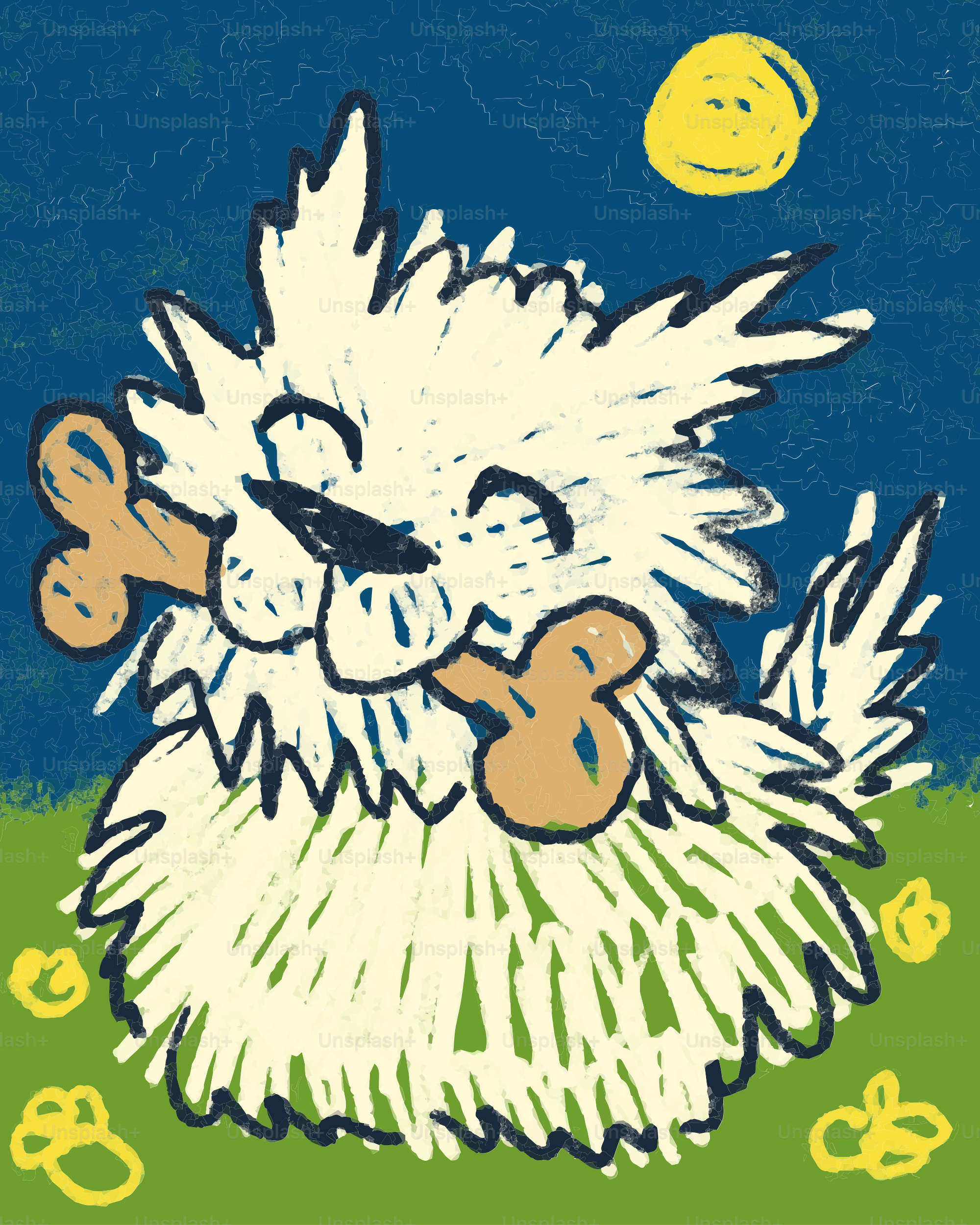 A fluffy white dog happily chews a bone outdoors.