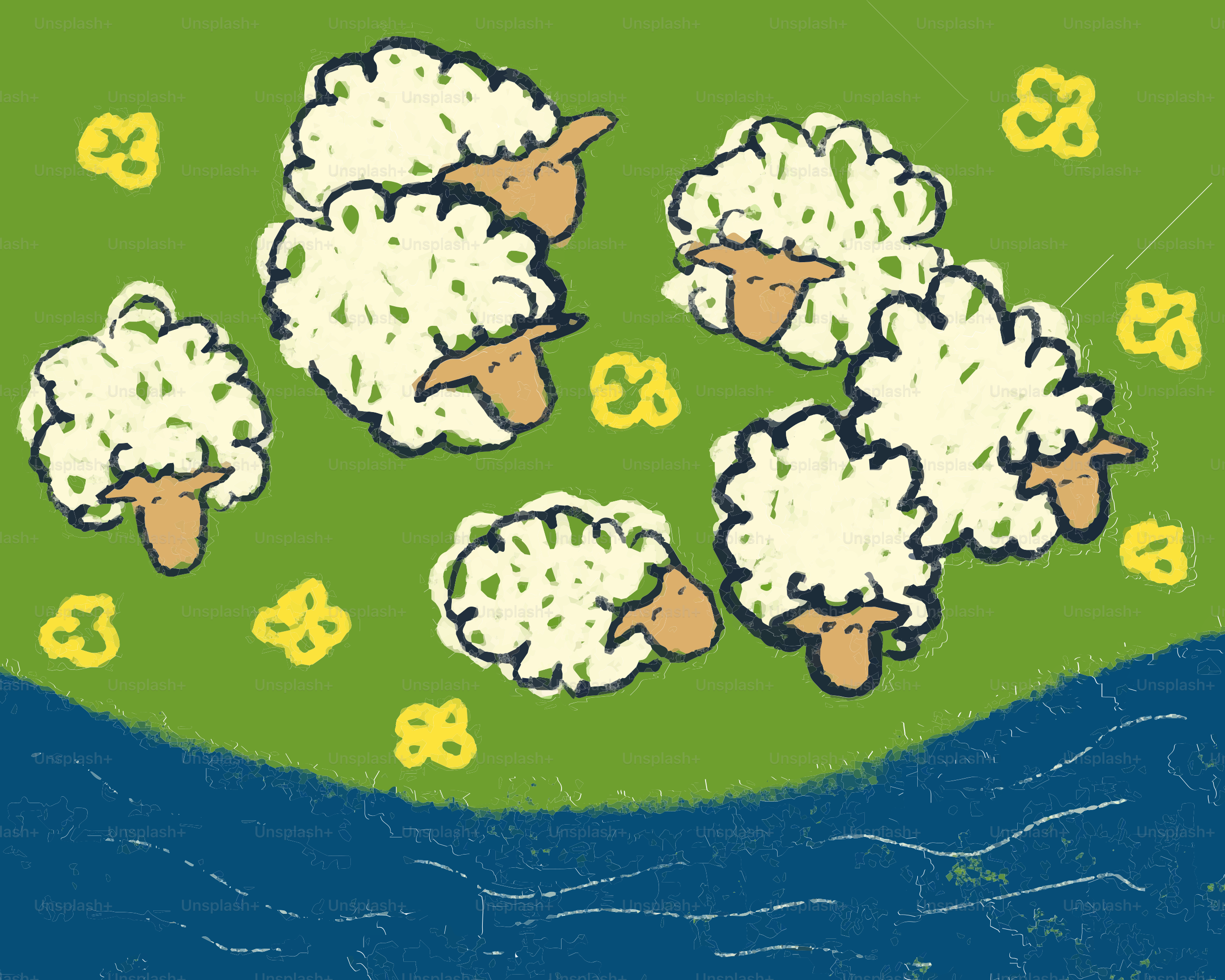 Several fluffy sheep graze in a green field.