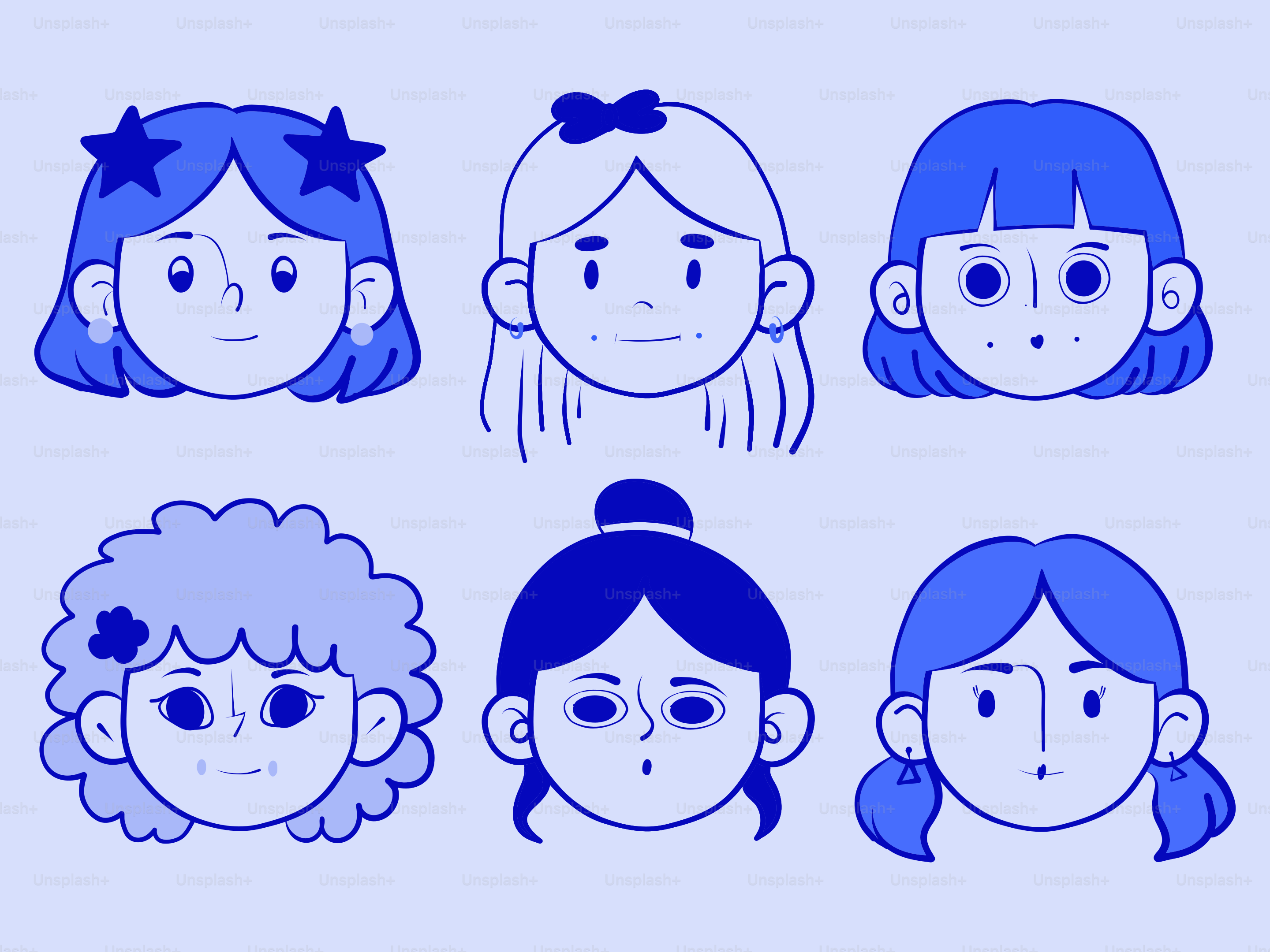 Six cartoon faces with blue hair and features