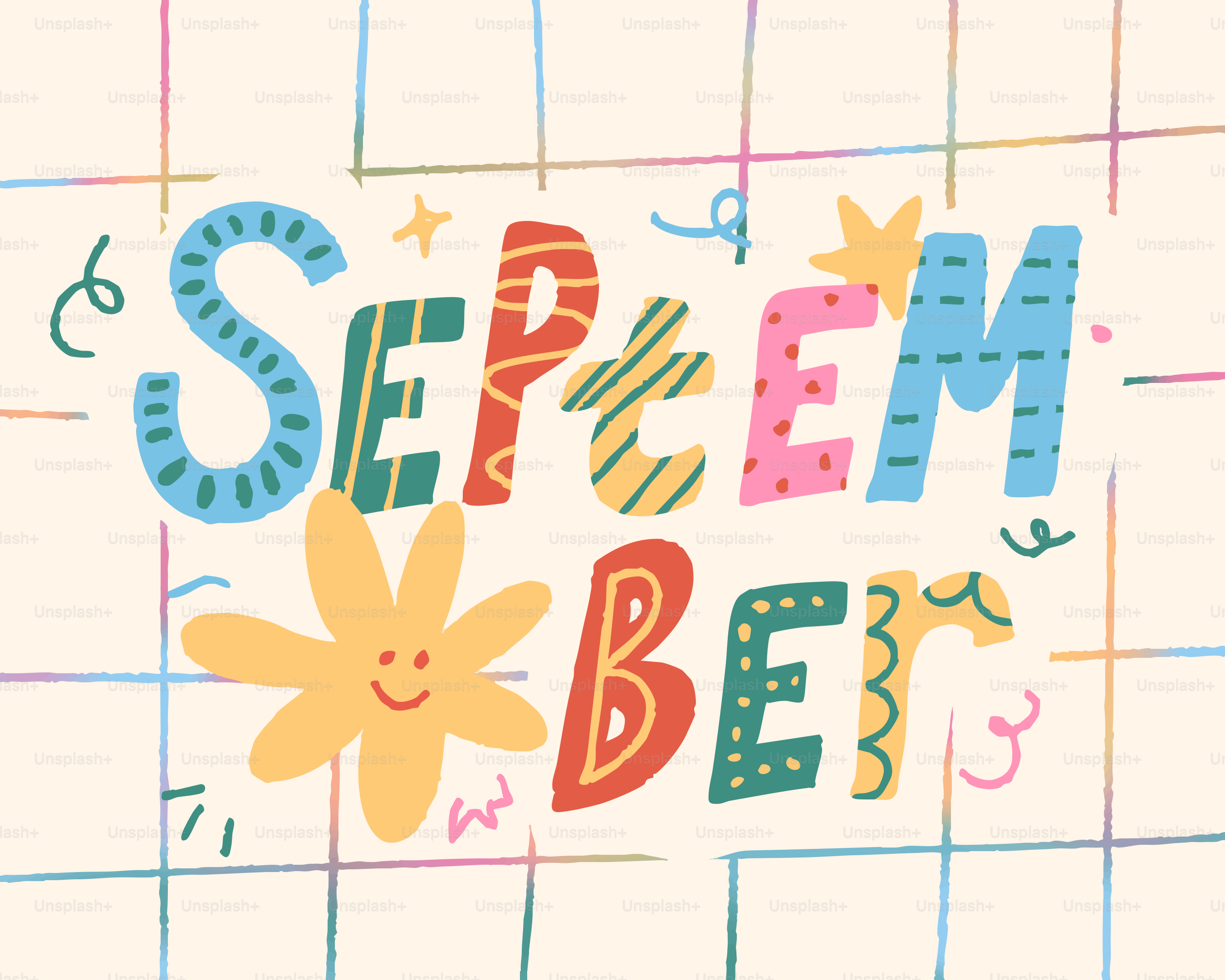 Colorful text spelling out september with a flower