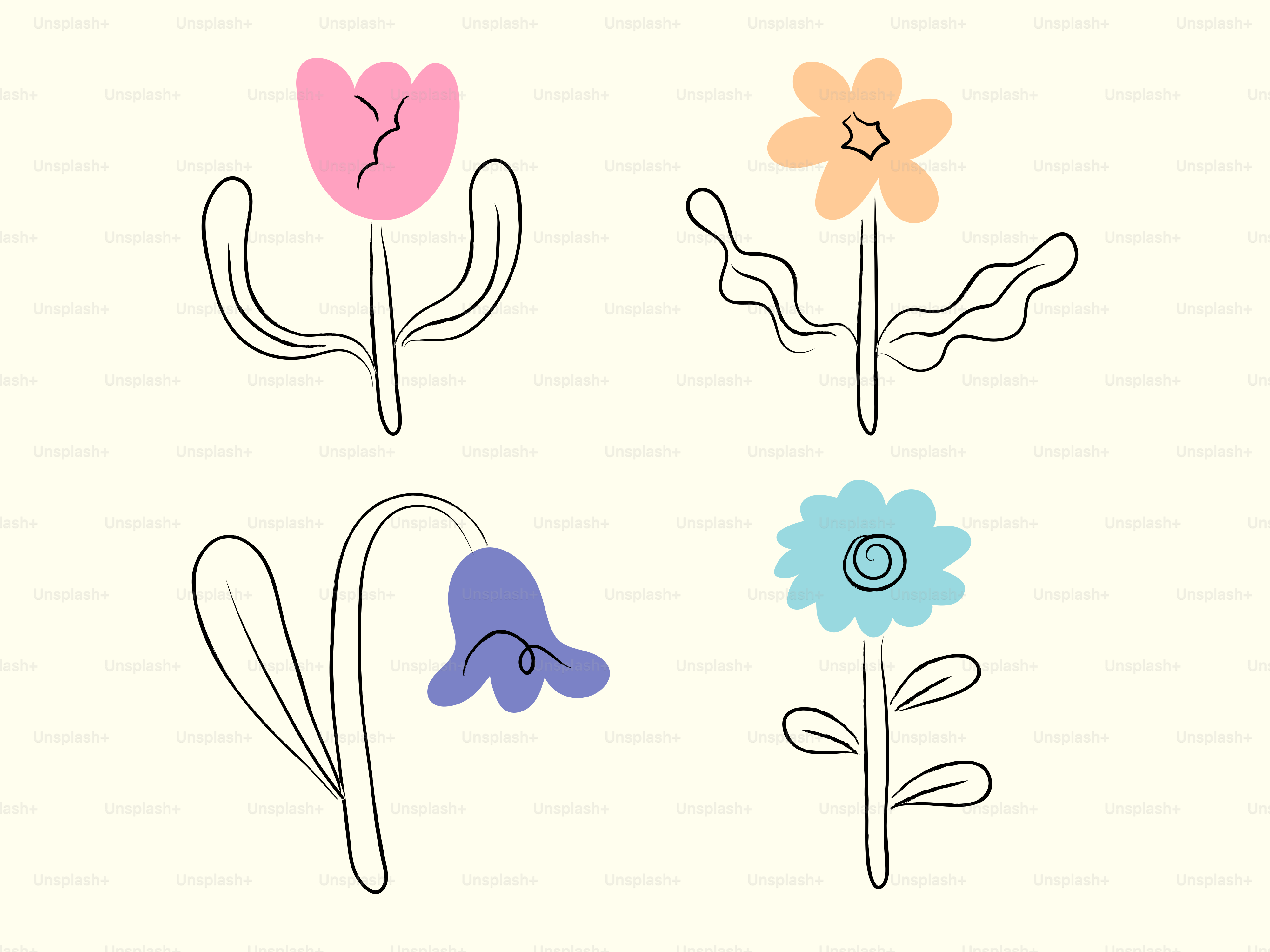 Quatro flores estilizadas coloridas sobre fundo creme