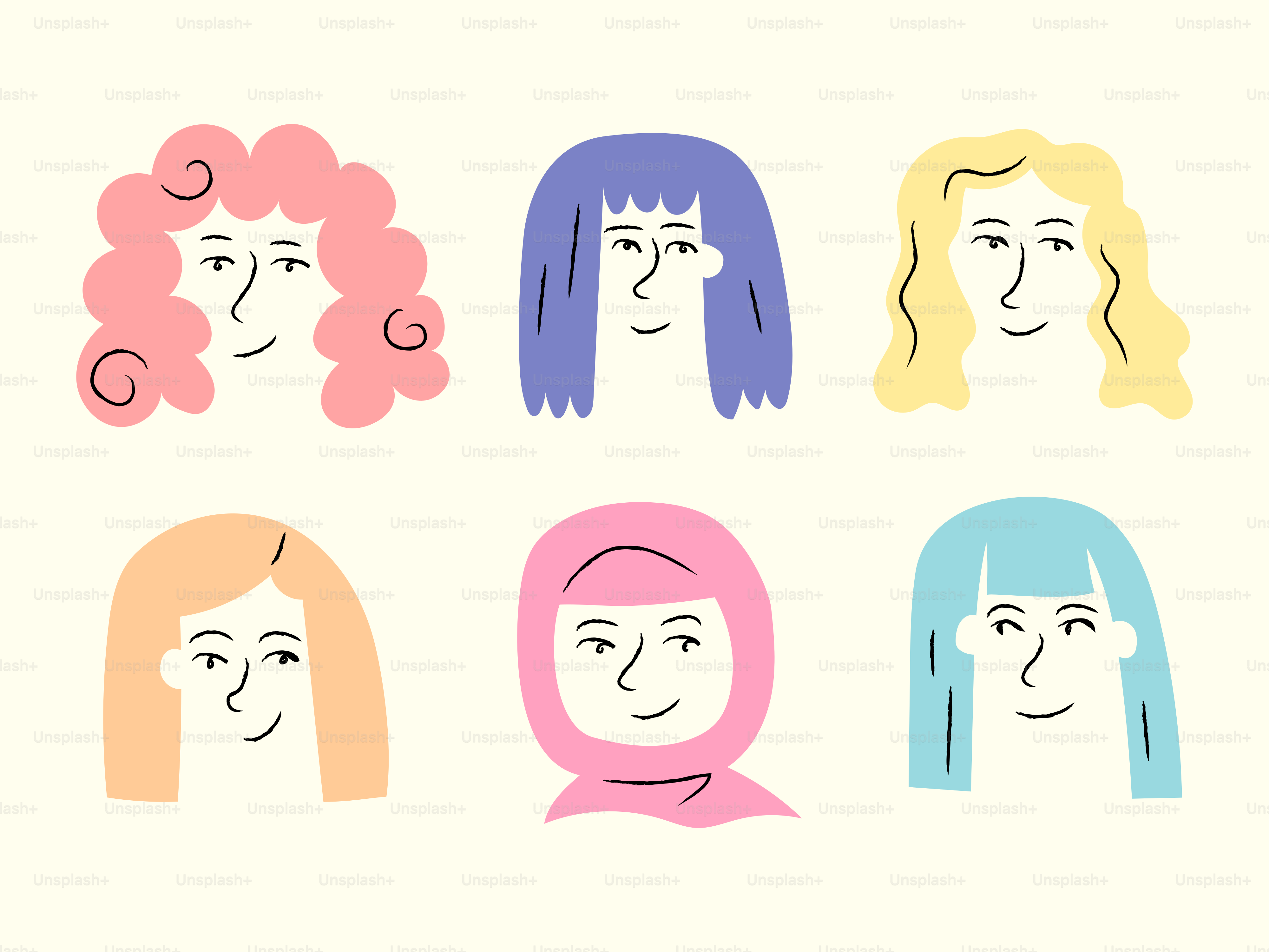 Sei volti diversi di cartoni animati con acconciature e colori diversi