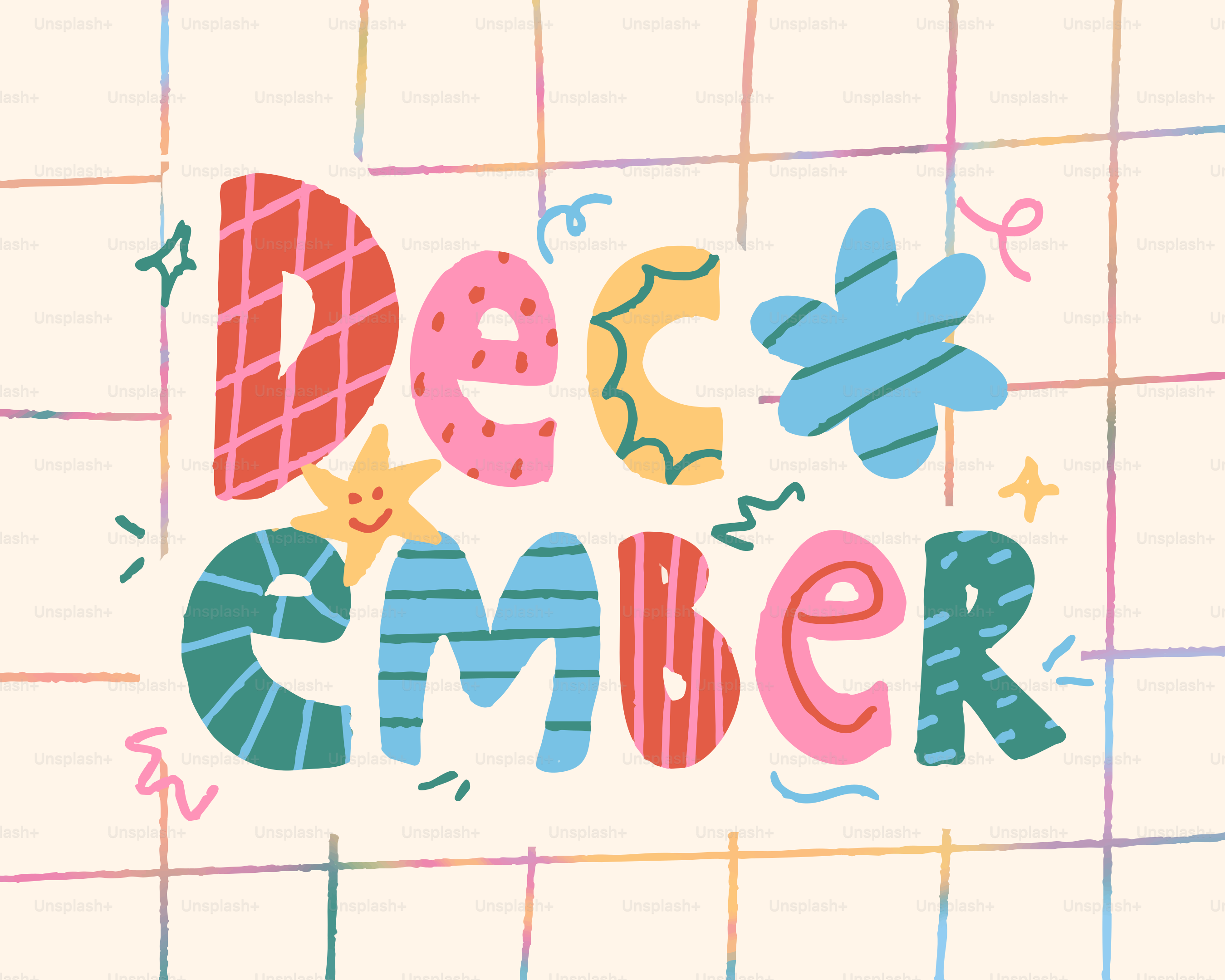 Colorful lettering spells out "december" with festive accents.