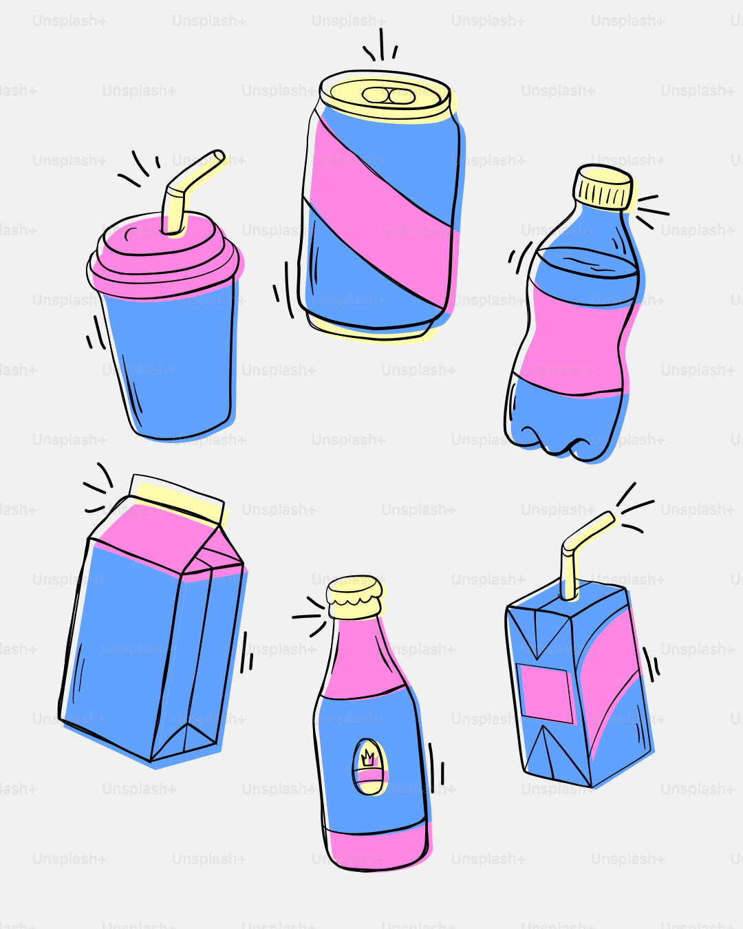 Collection of cartoon drinks in colorful packaging