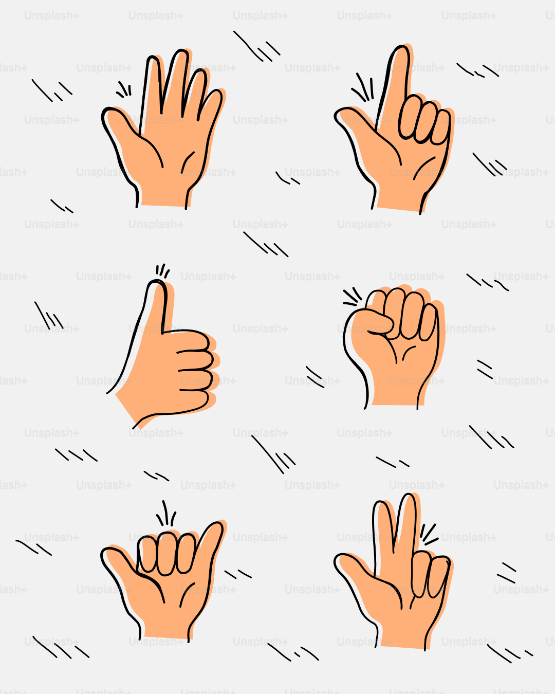 Six different hand gestures on a light background.