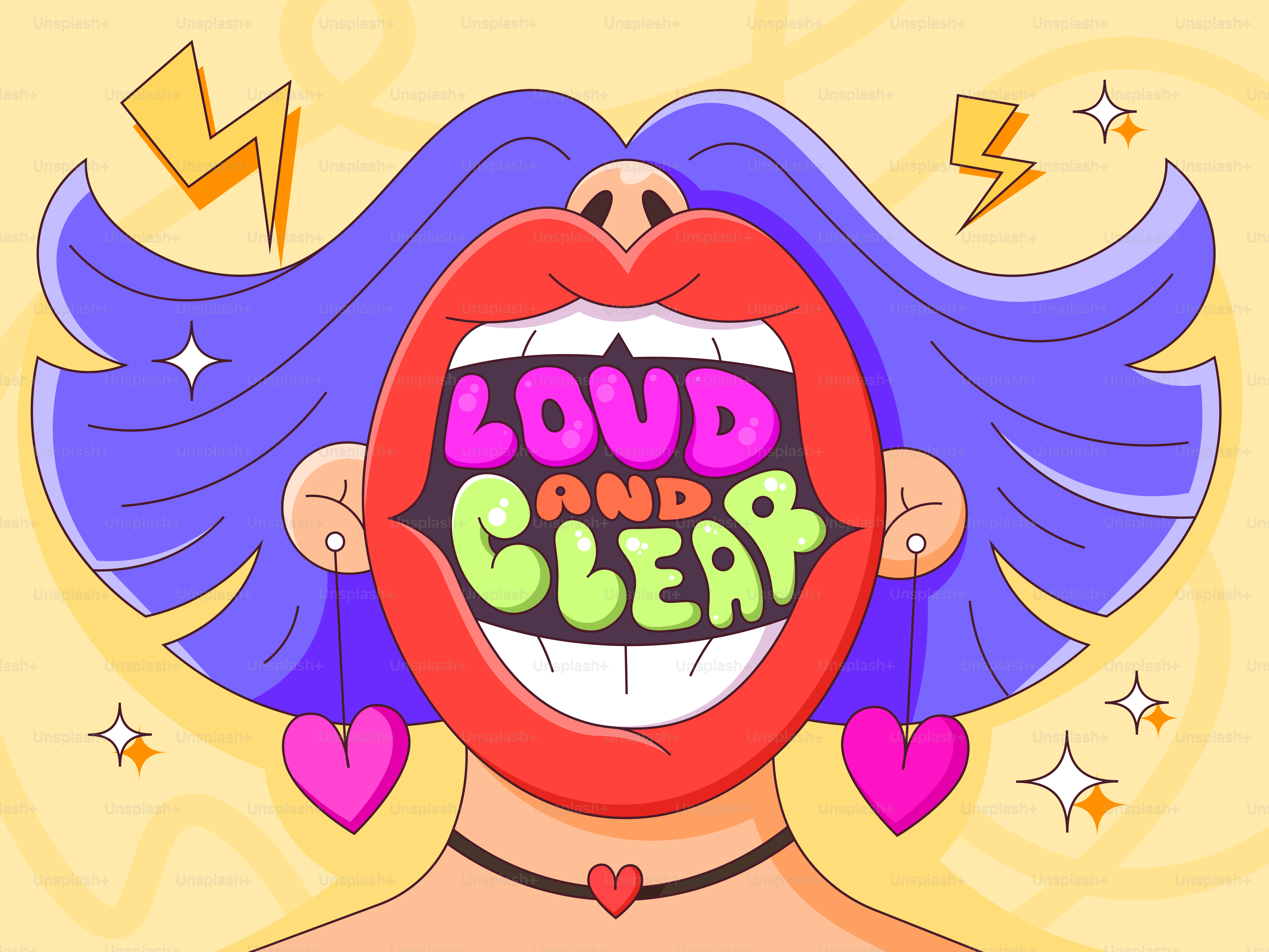 Frau mit offenem Mund und farbenfroher Schrift