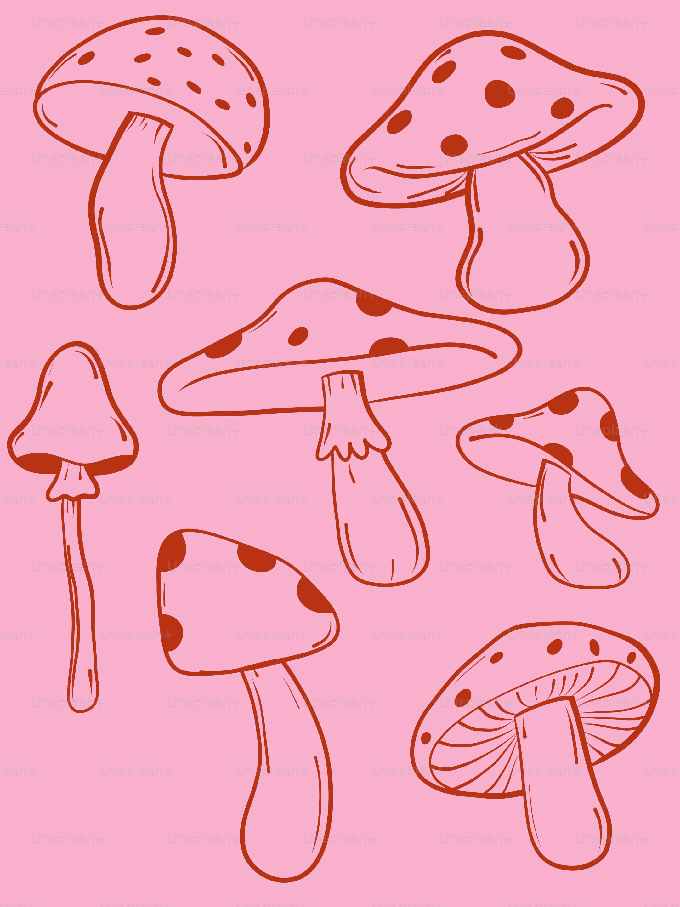 Several red-spotted mushrooms on a pink background.