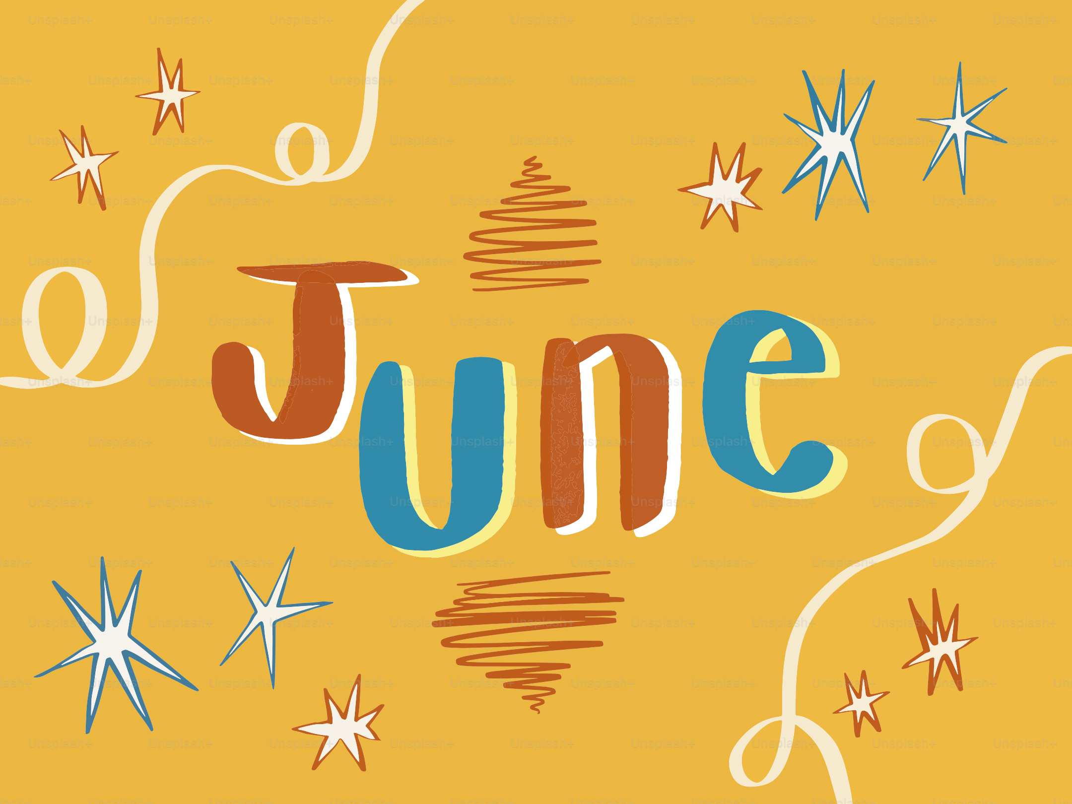 La palabra junio en letras coloridas y estilizadas.