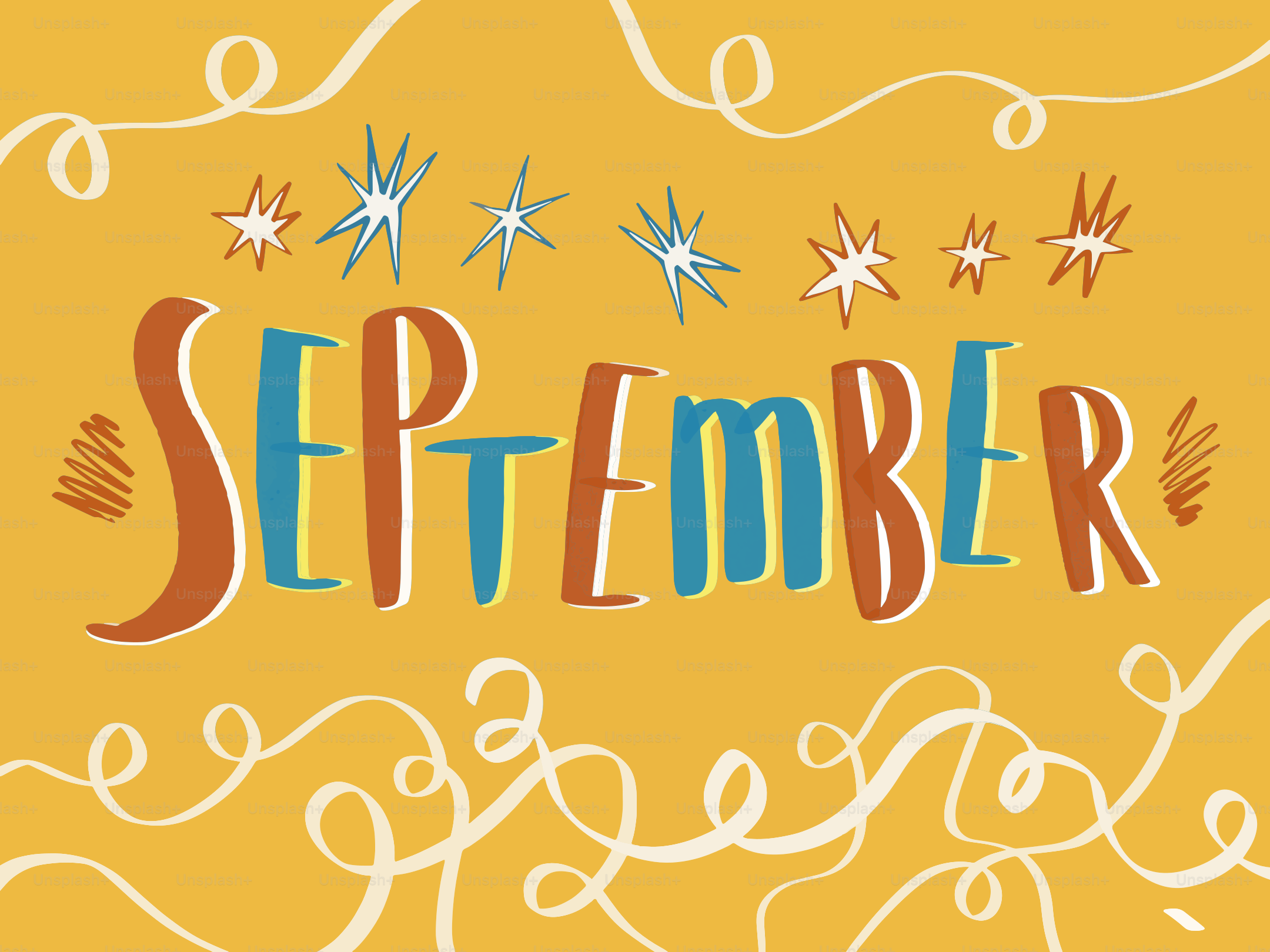 September lettering with stars and swirls