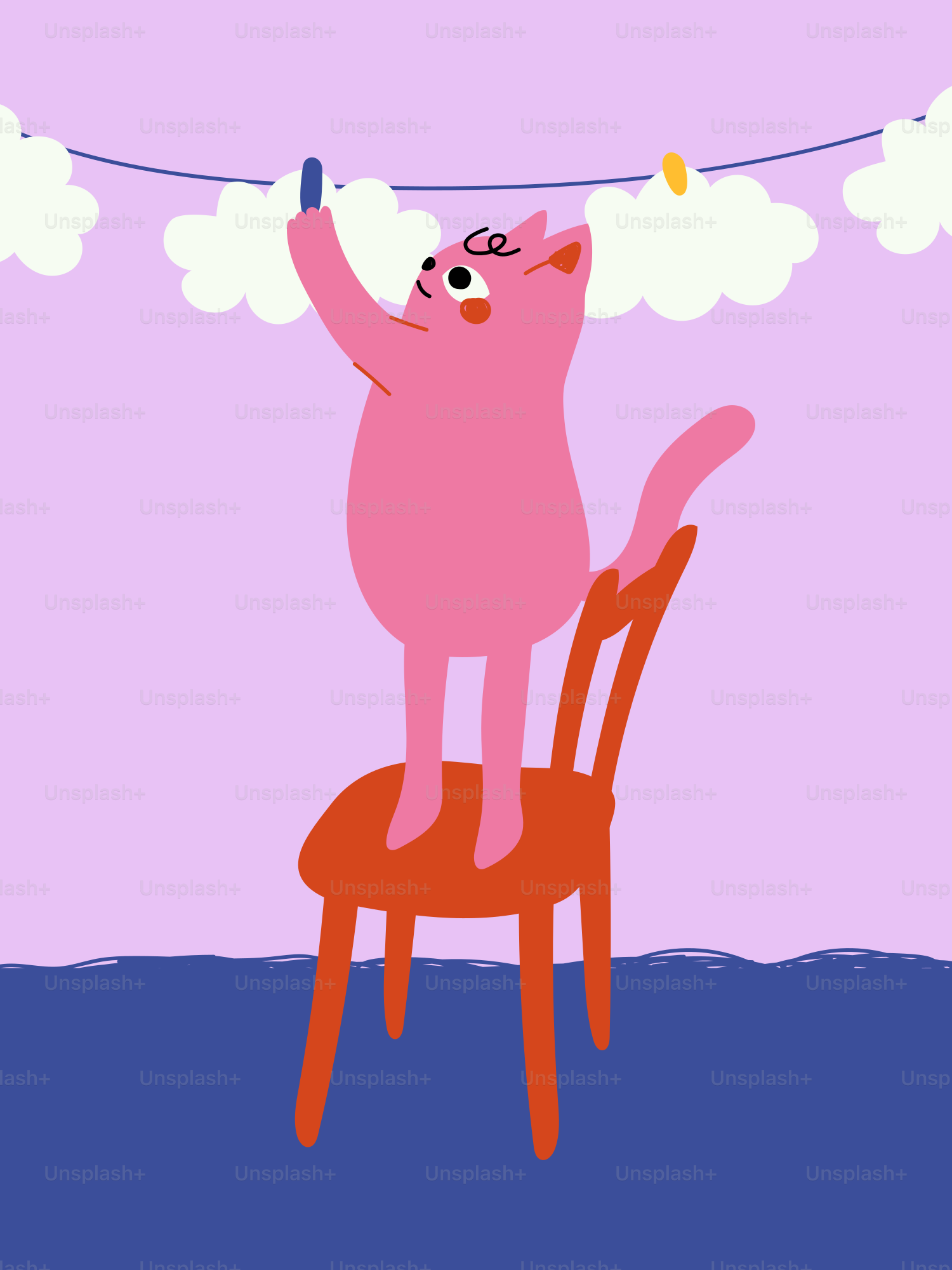 A pink cat stands on a chair reaching for clothesline