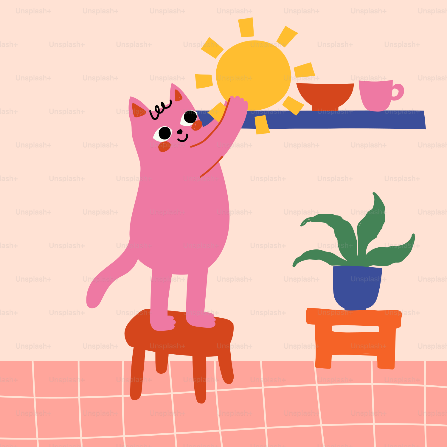 Pink cat reaching for the sun on a shelf.