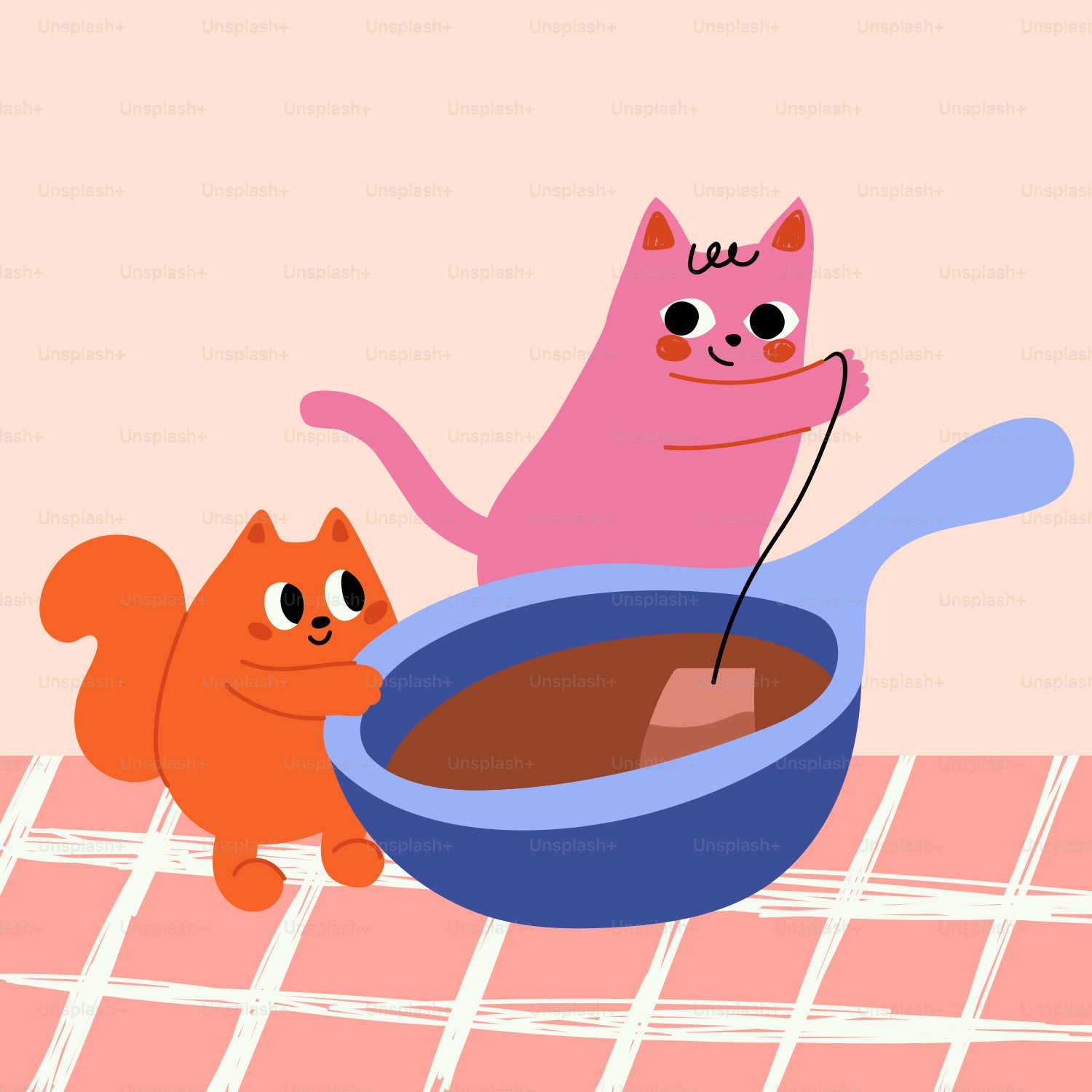 Two cats preparing tea in a blue bowl.