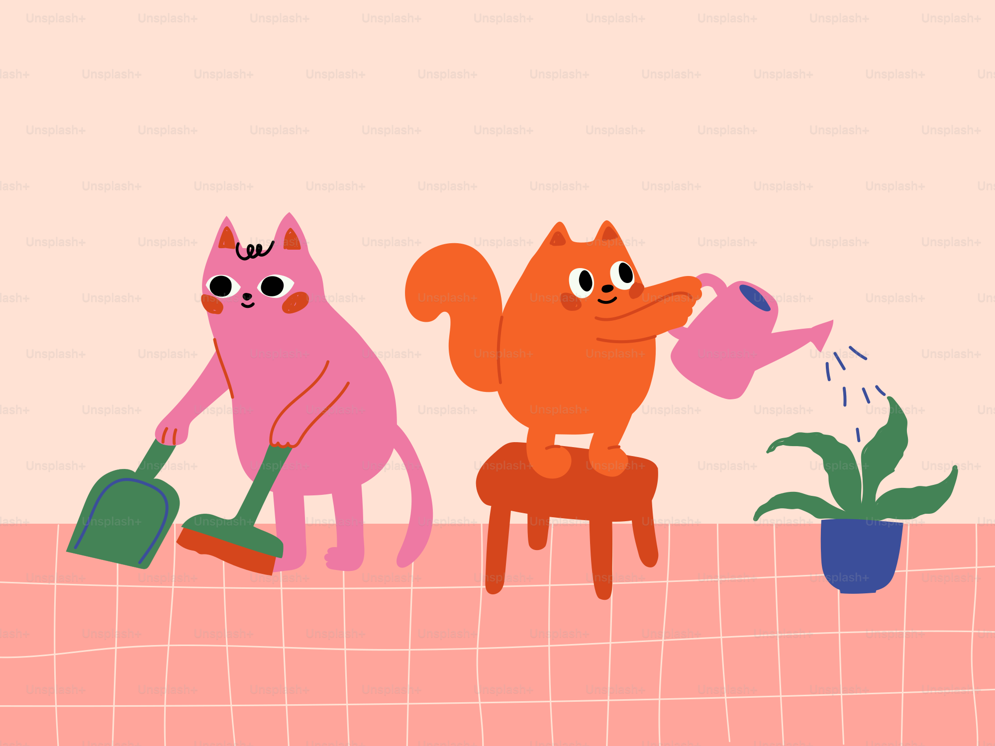 Two cartoon cats cleaning and watering a plant