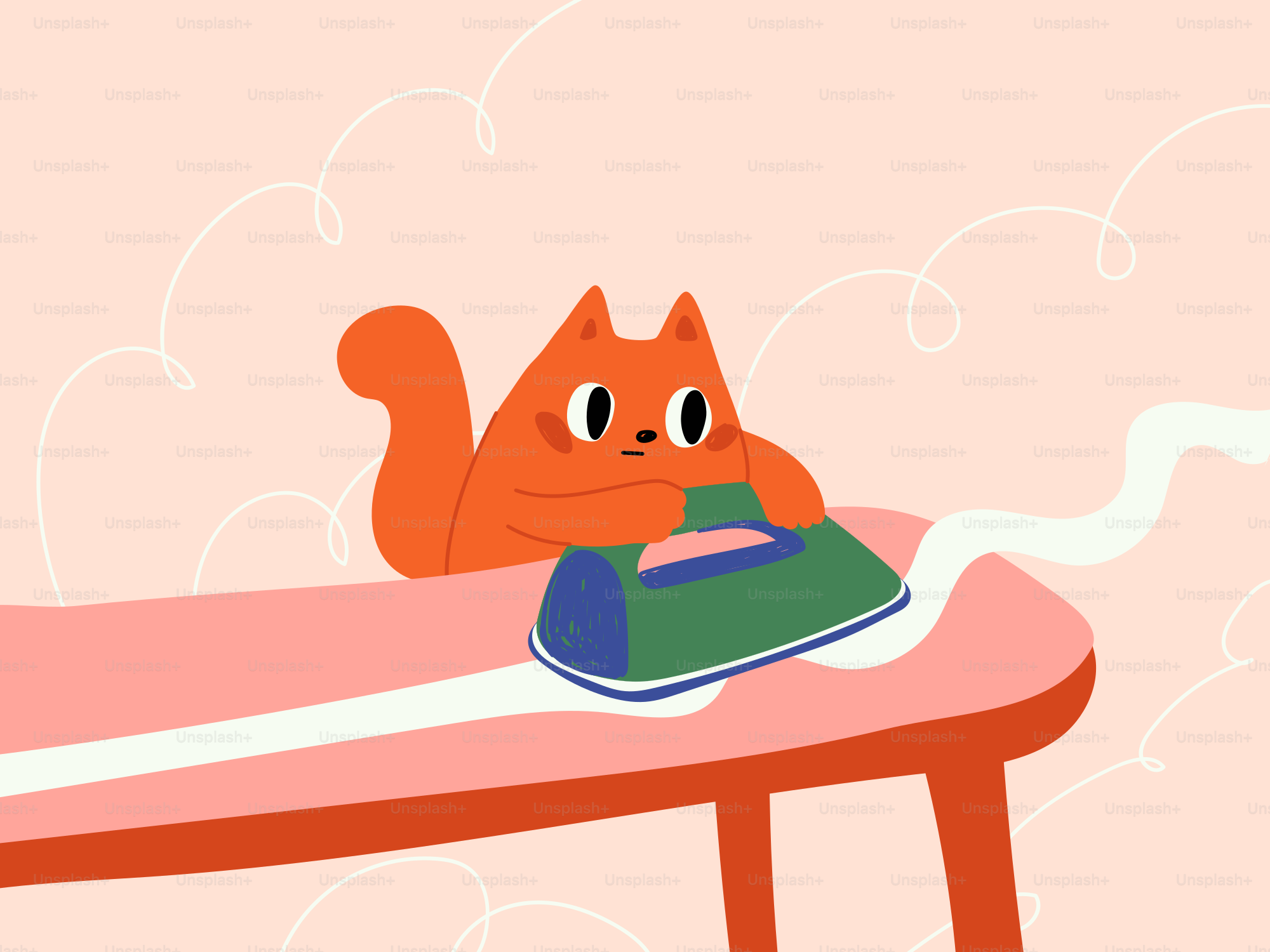A cartoon cat irons clothes on an ironing board.