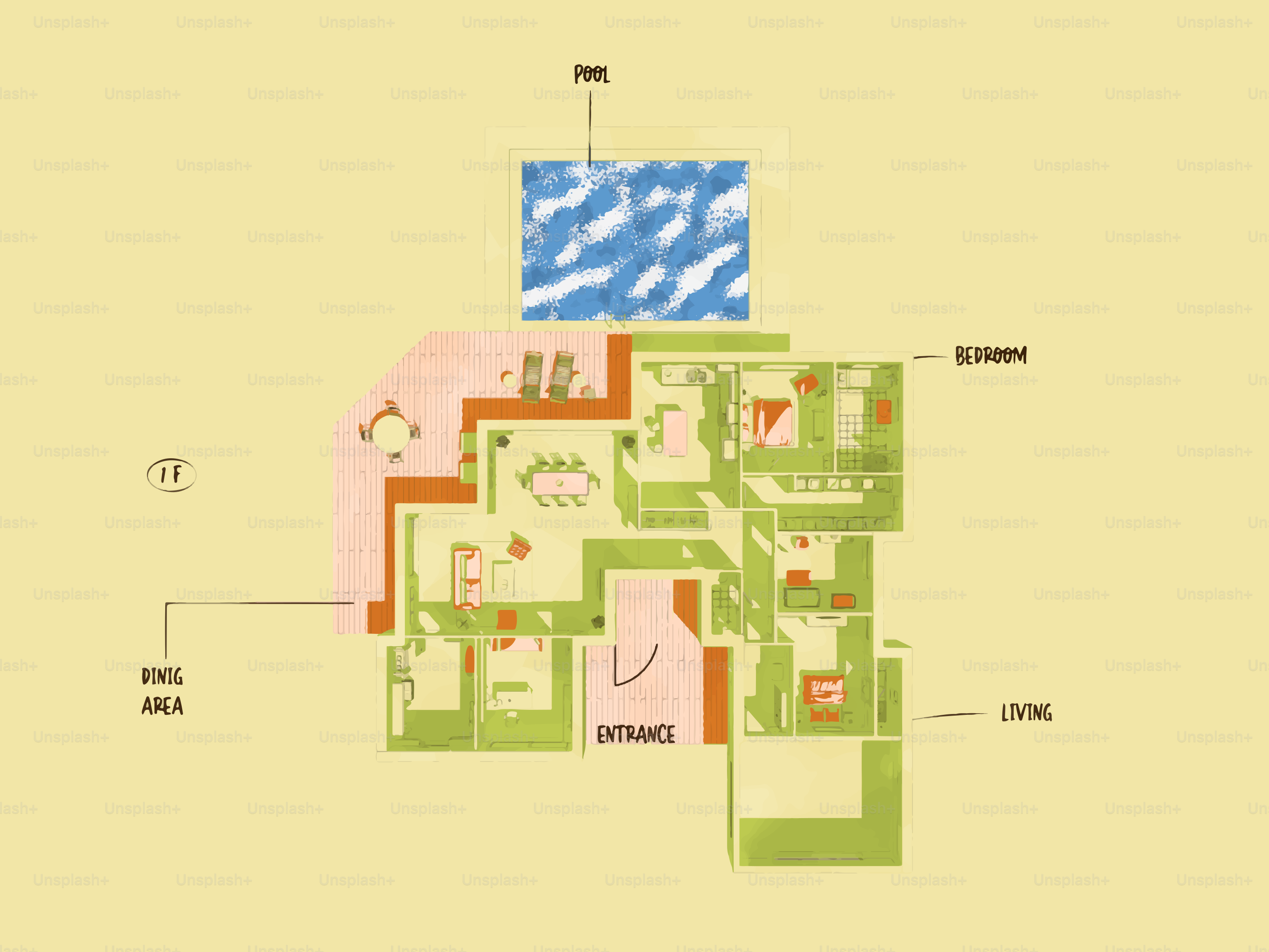Architectural floor plan with pool and labeled rooms