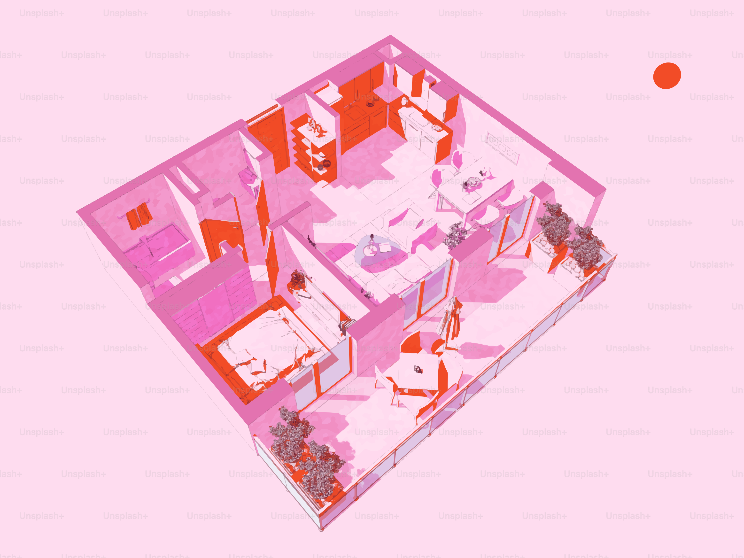 Pink and orange isometric view of a small apartment layout.