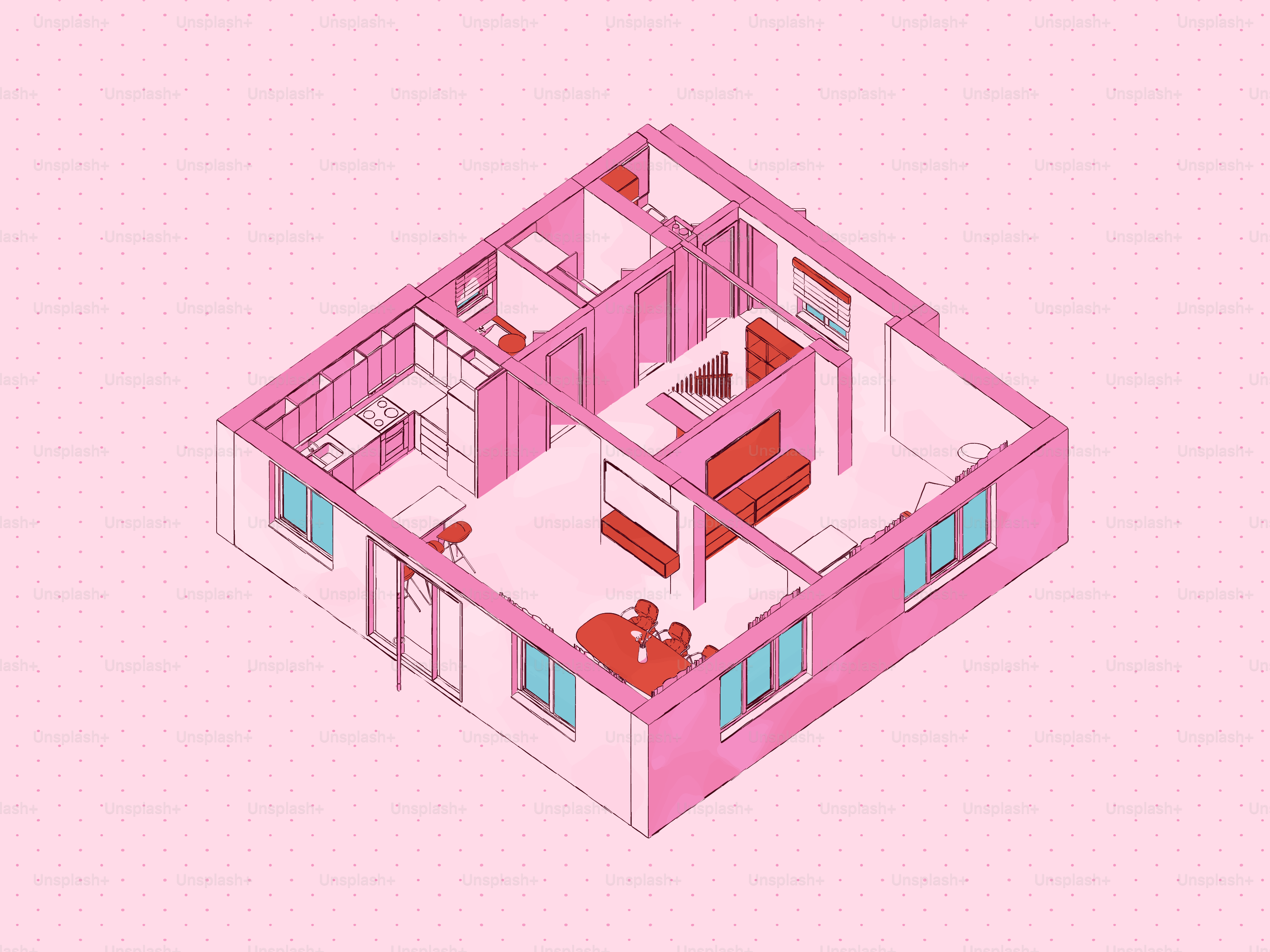 Planta isométrica rosa de um apartamento moderno