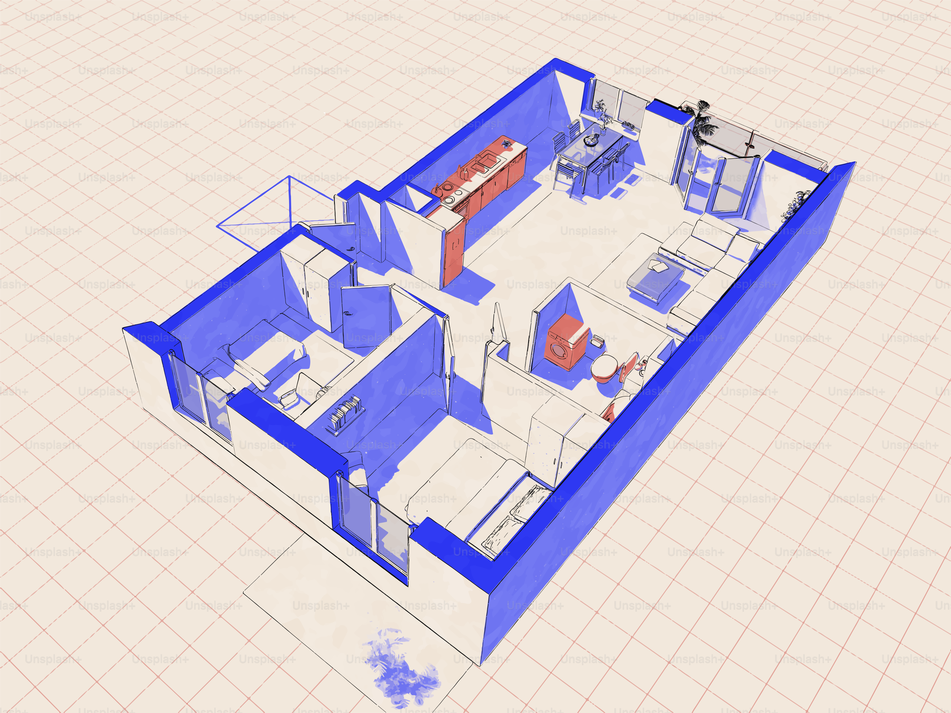 Plano 3D de un interior moderno de apartamento.