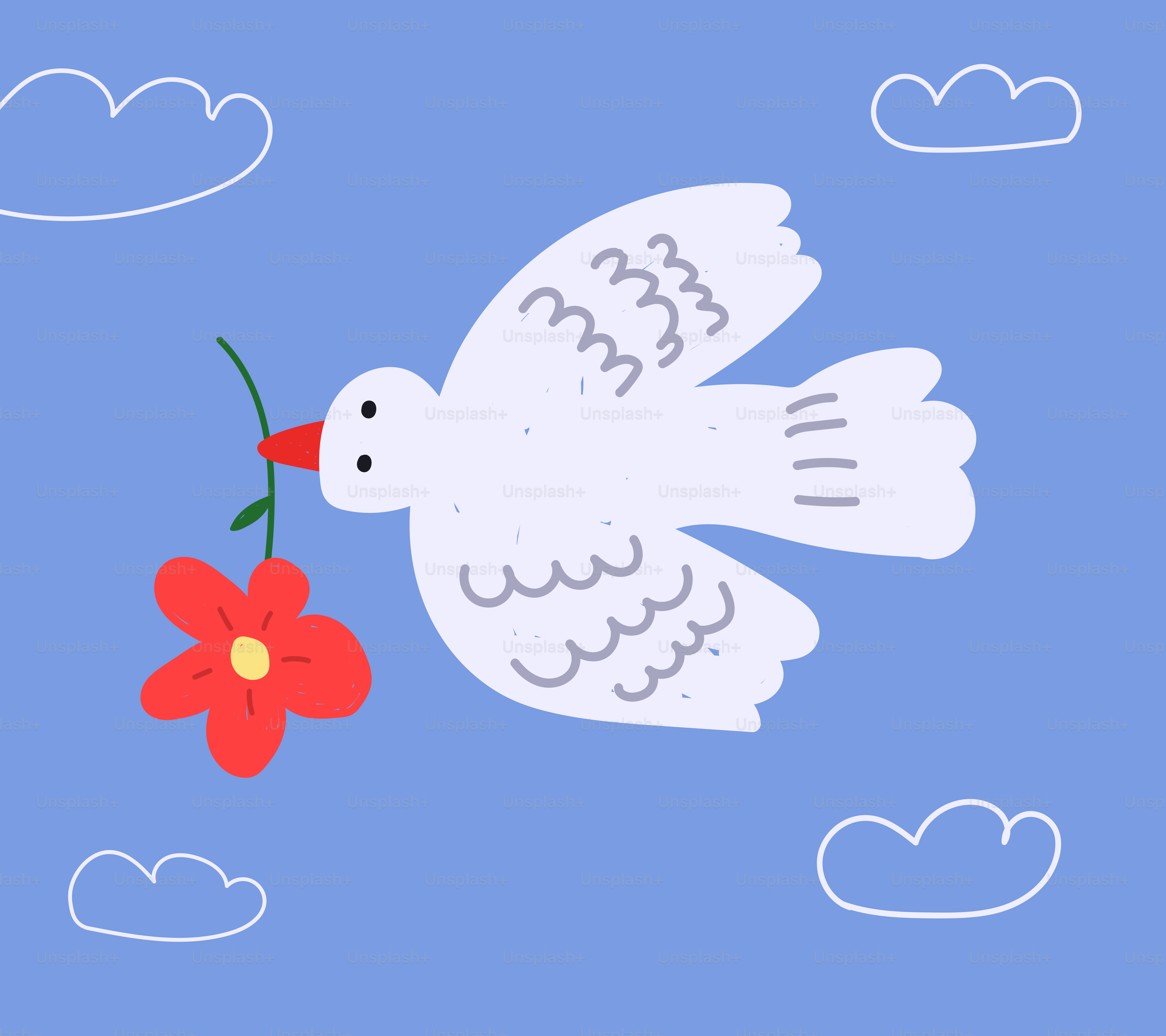 A white dove flies with a red flower.