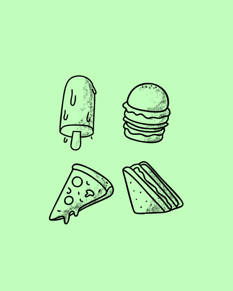 Four types of fast food on a green background