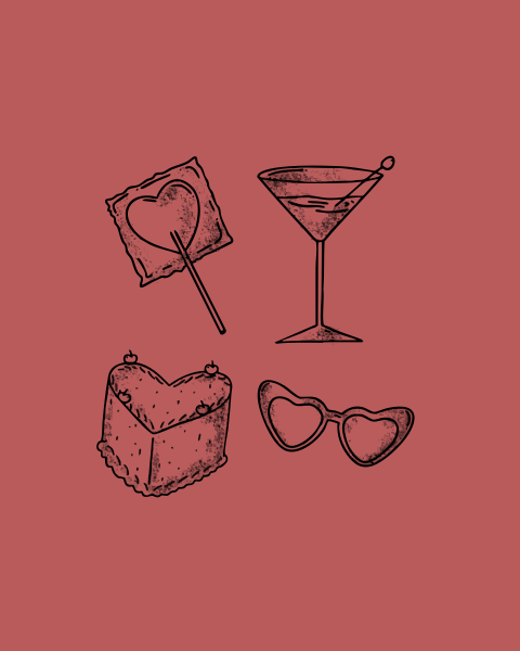 Dessert, cocktail, gâteau et lunettes de soleil en cœur sur fond rouge