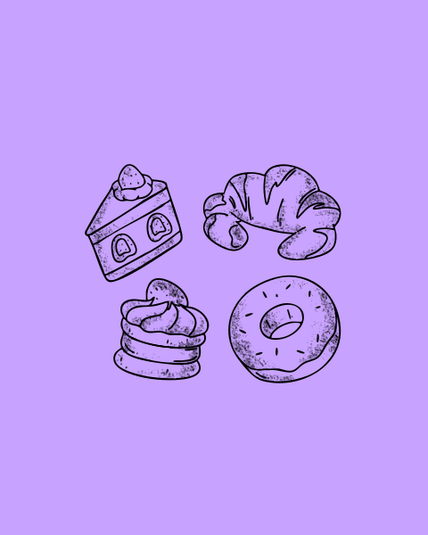 Four hand-drawn pastries on a purple background