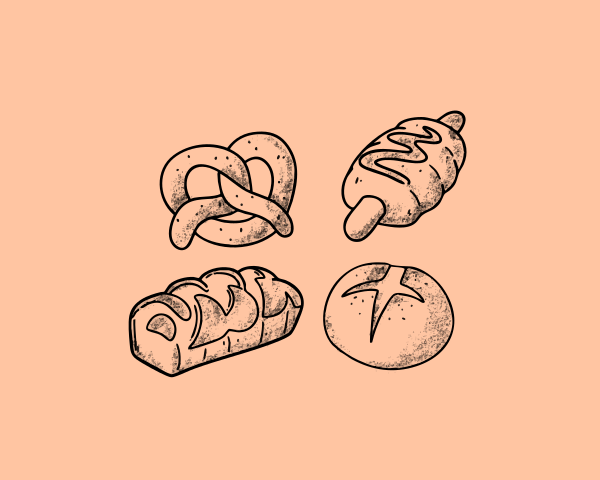 Cuatro tipos diferentes de productos horneados sobre fondo de melocotón