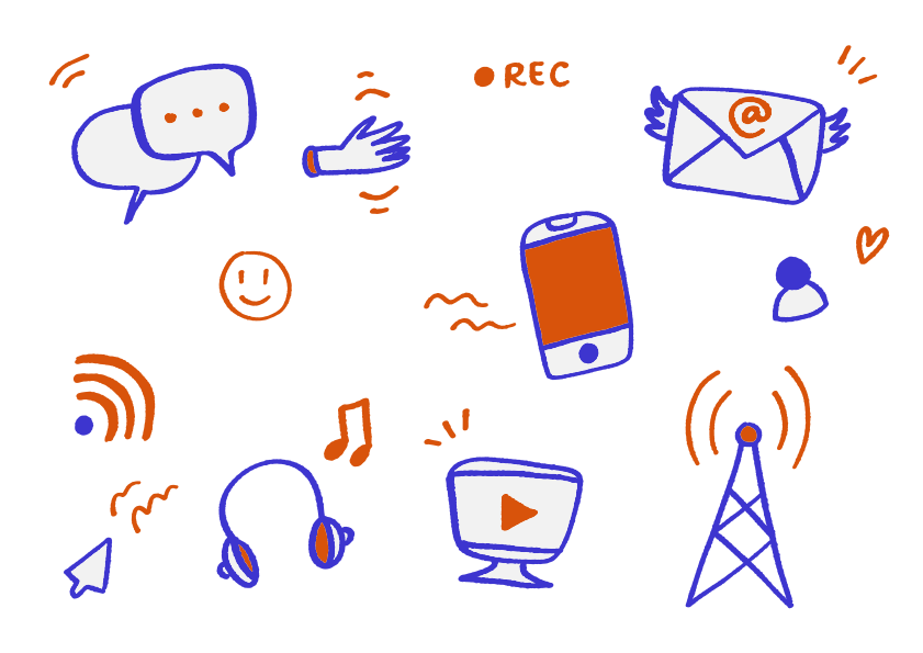 Ícones de doodle de elementos de comunicação e tecnologia