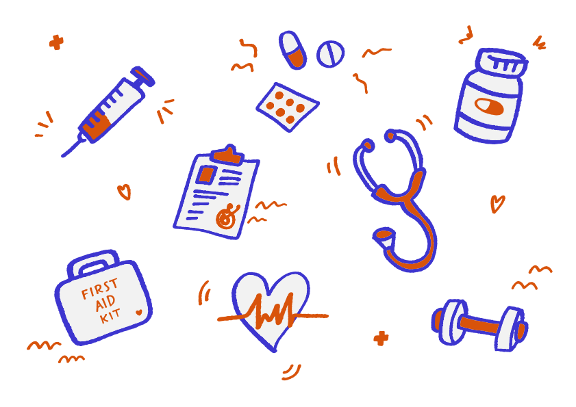 Medical icons including syringe, stethoscope, and first aid kit.
