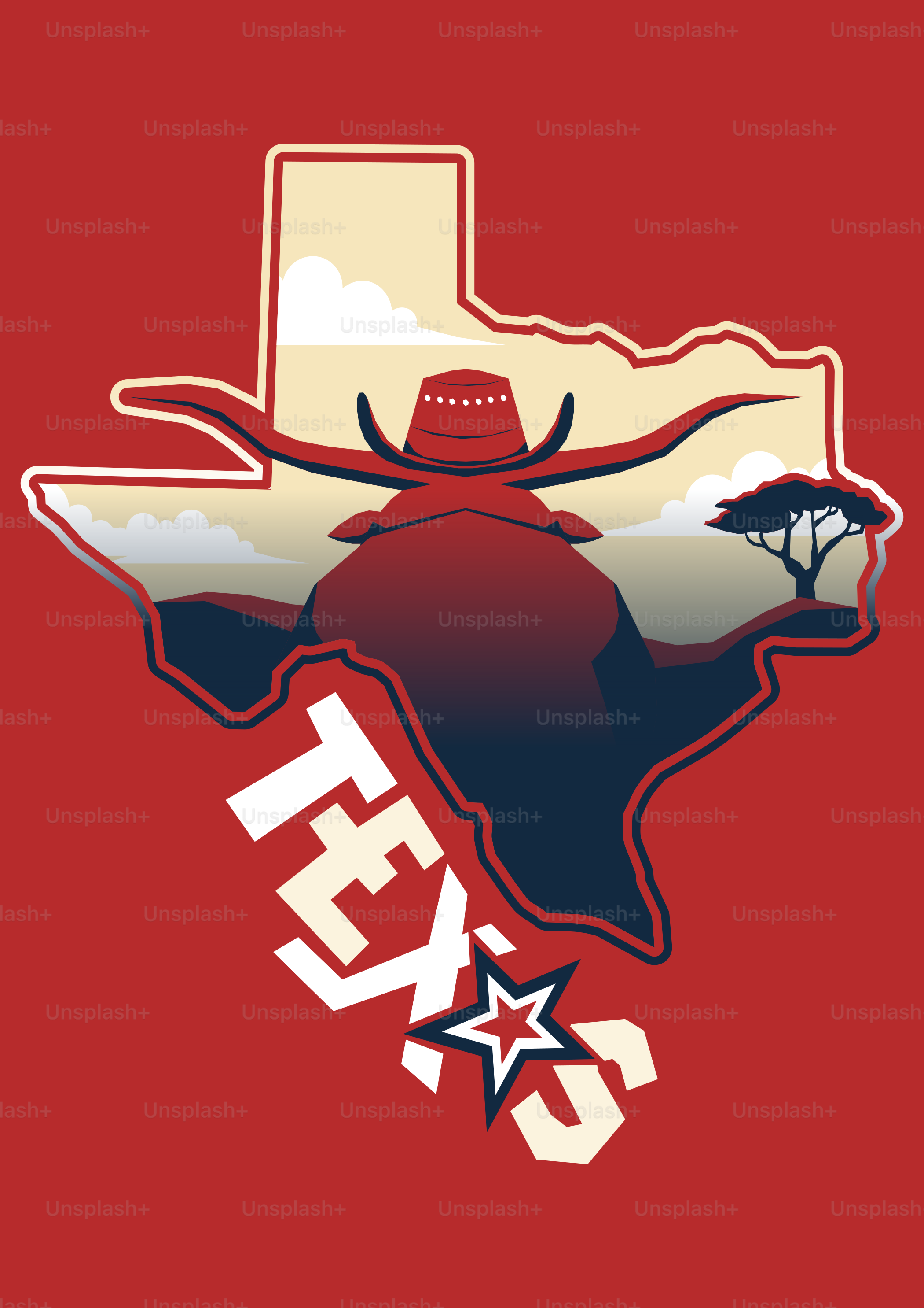 Texas outline with cowboy hat and longhorn