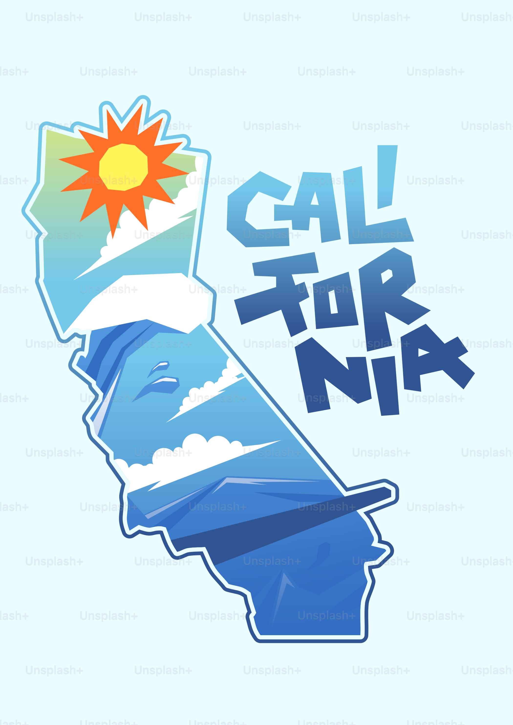 California state outline with sun, clouds, and ocean