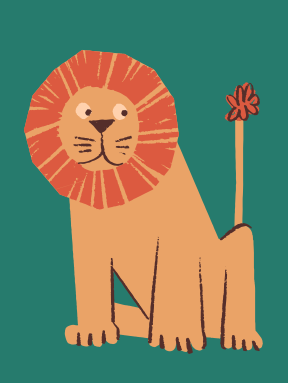 Un león de dibujos animados estilizado con melena naranja está sentado.