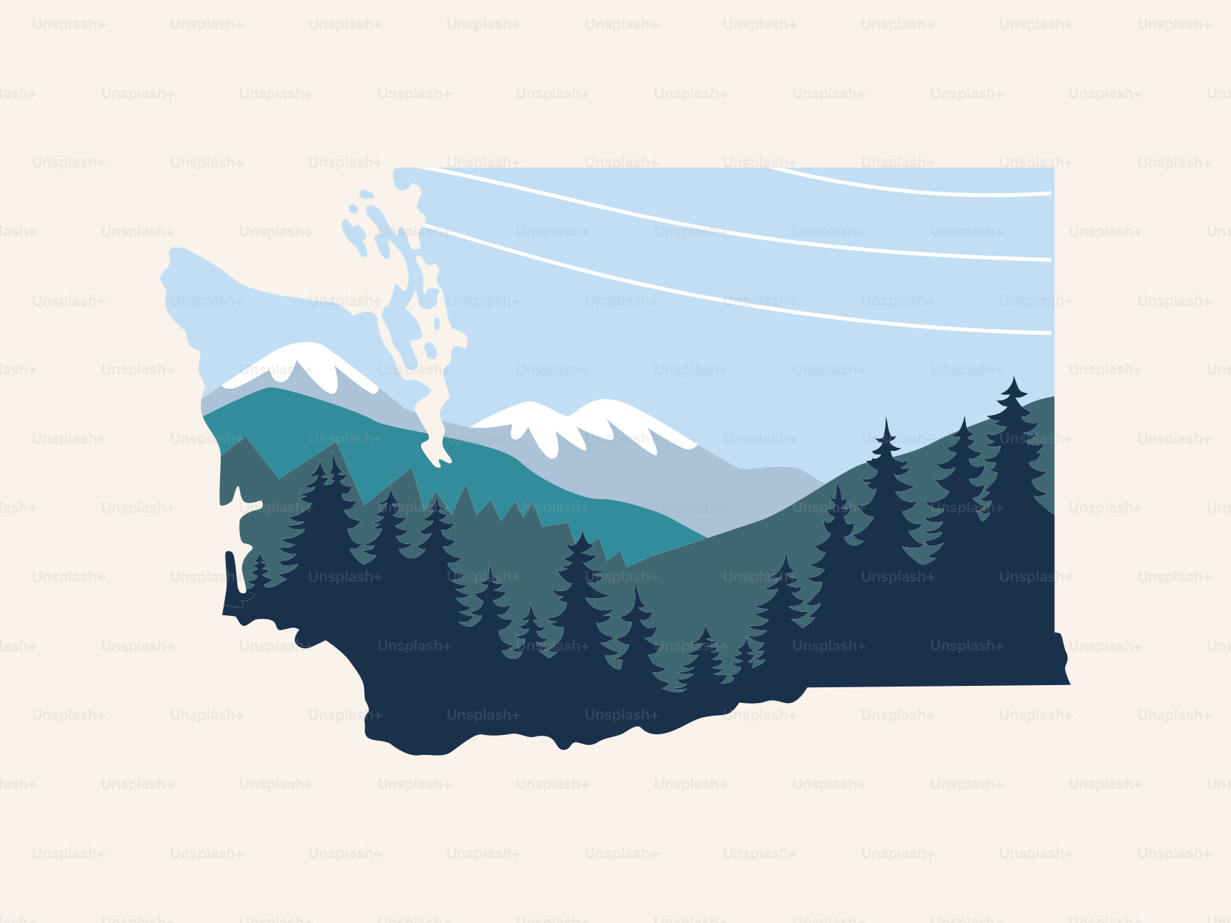 Washington state outline with mountains and forest