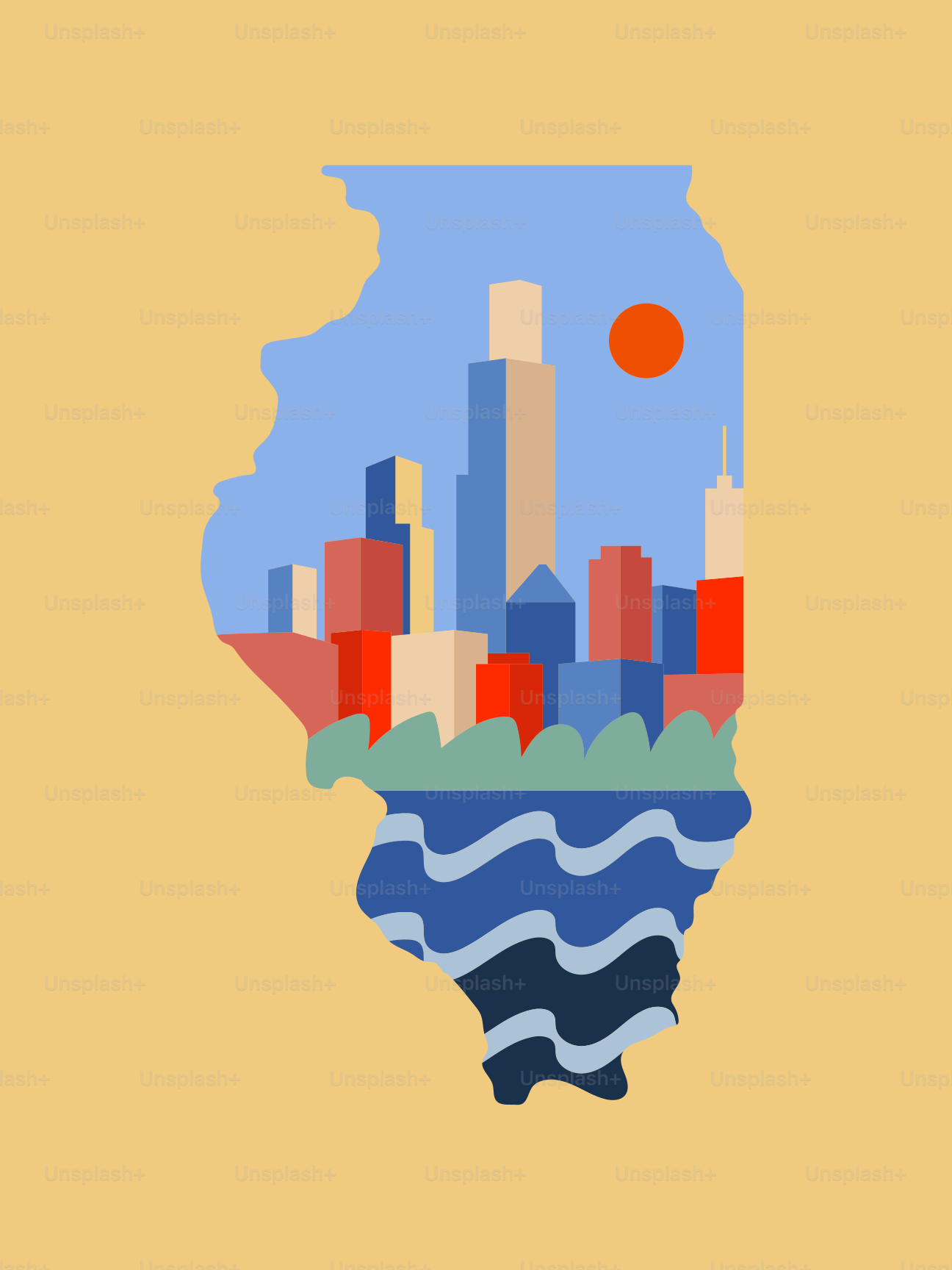Illinois outline filled with cityscape and water