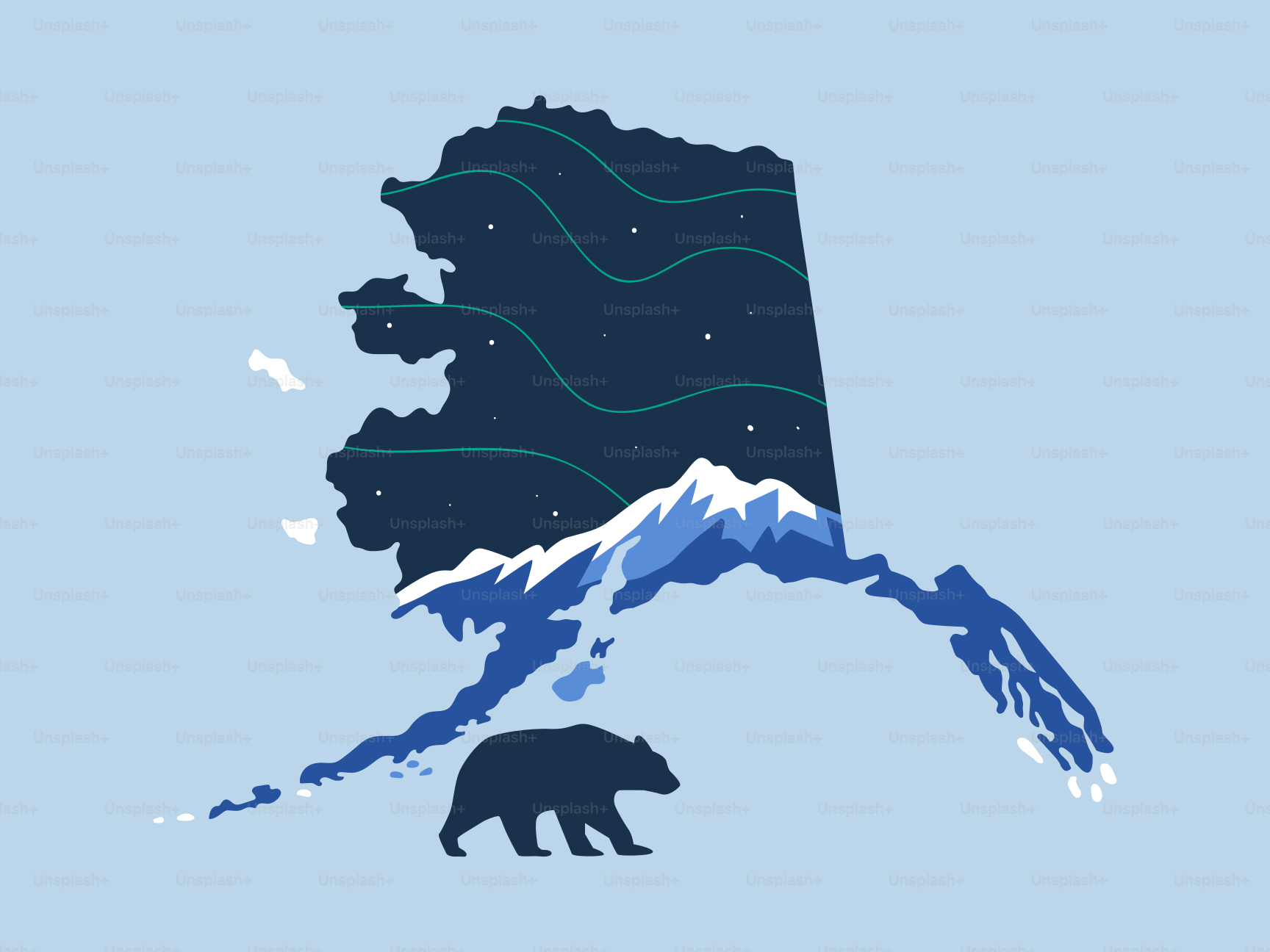 Alaska map with mountains, stars, and bear