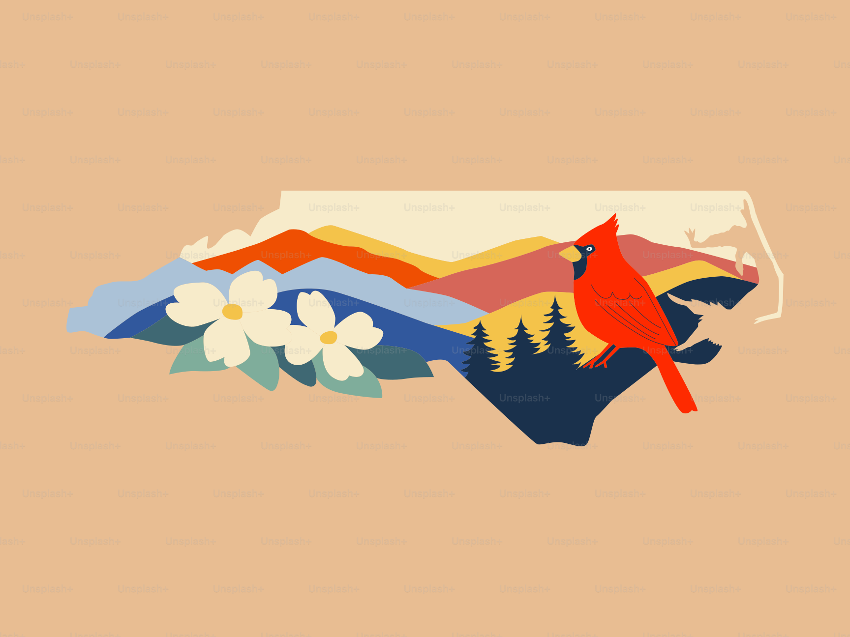 Carolina do Norte contornada com montanhas, flores cardeais e corniso.