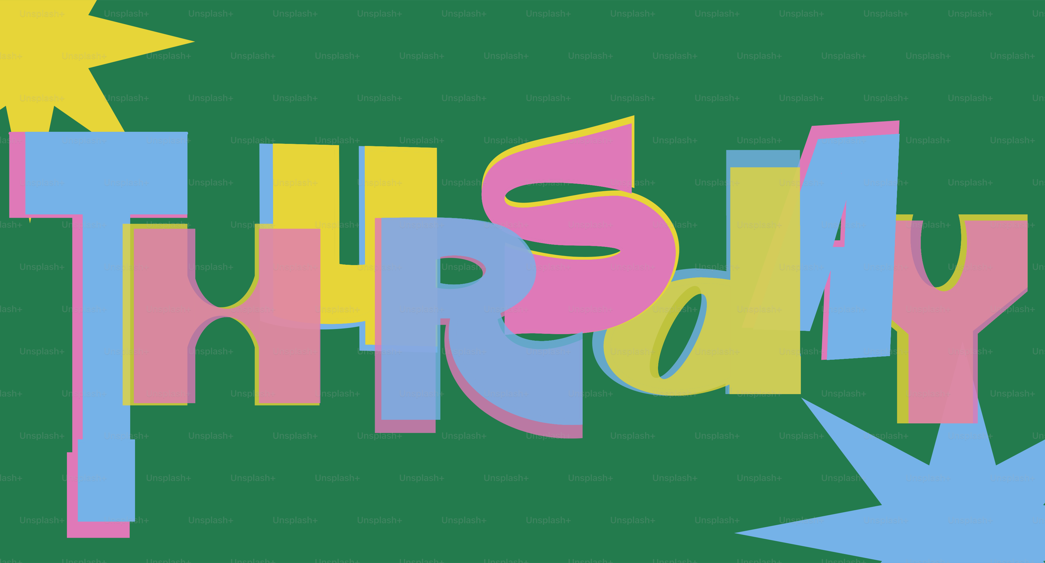Letras coloridas formam "thursday" sobre fundo verde