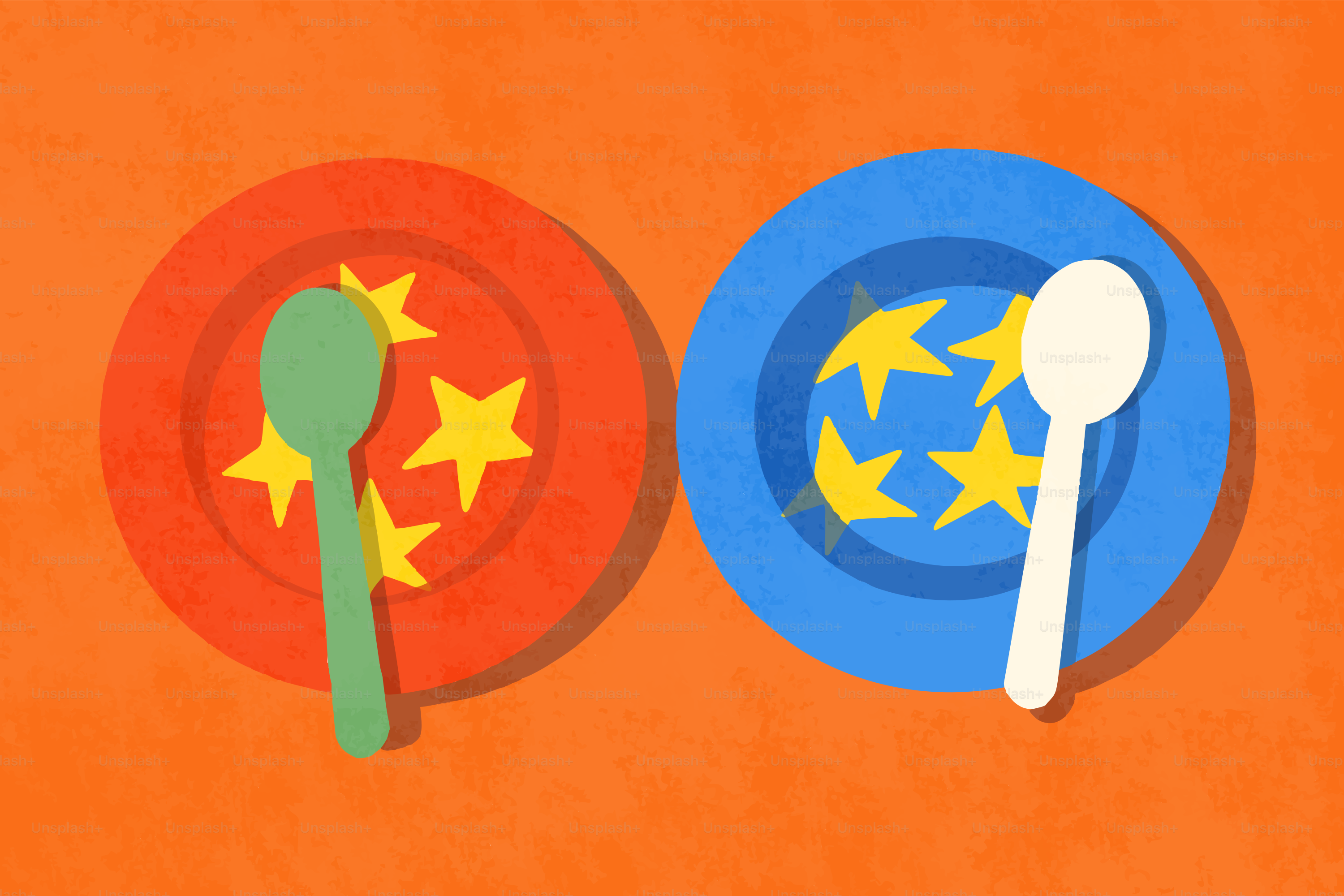 Two plates with stars and spoons on orange background