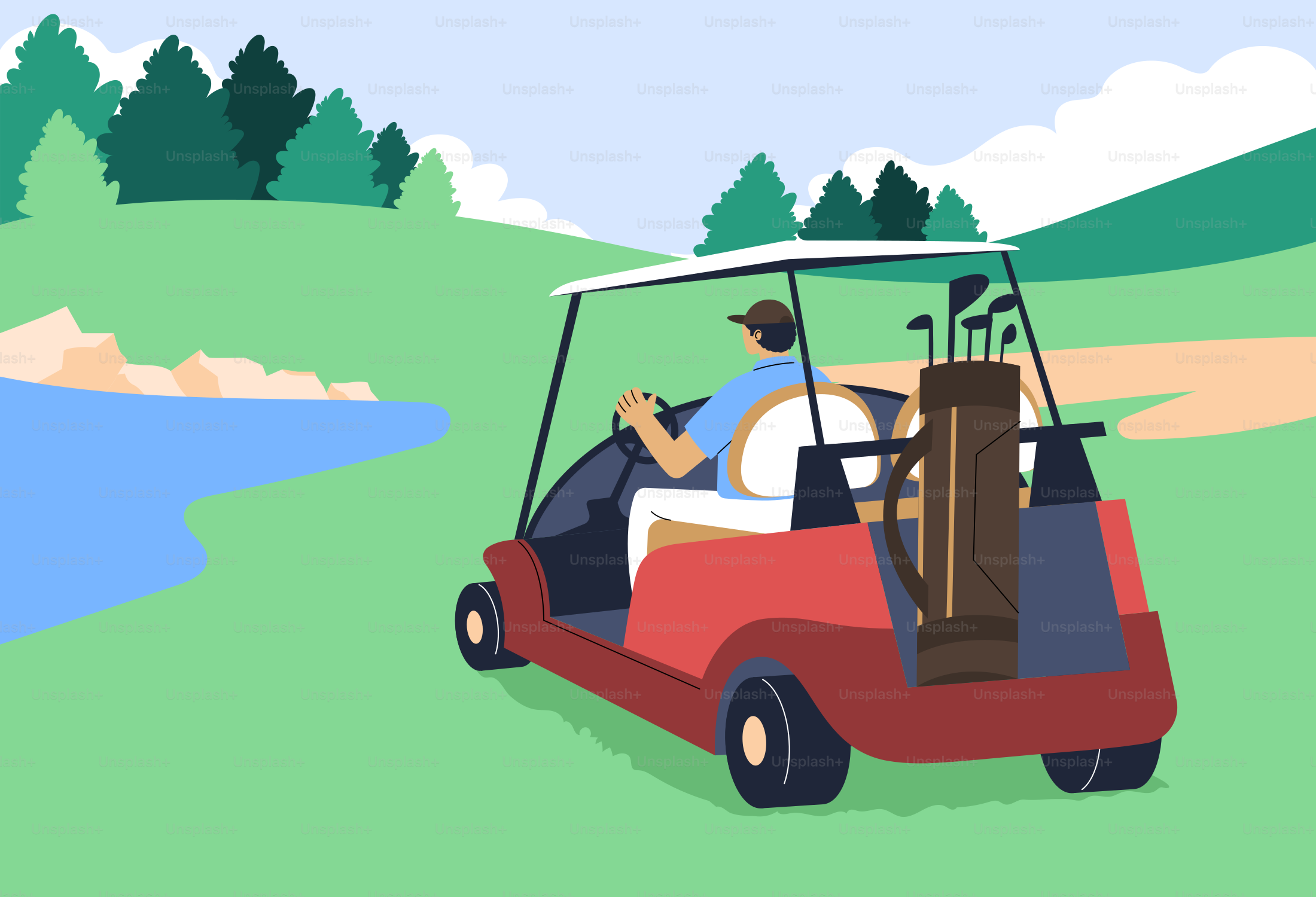 Hombre conduciendo un carrito de golf en un día soleado